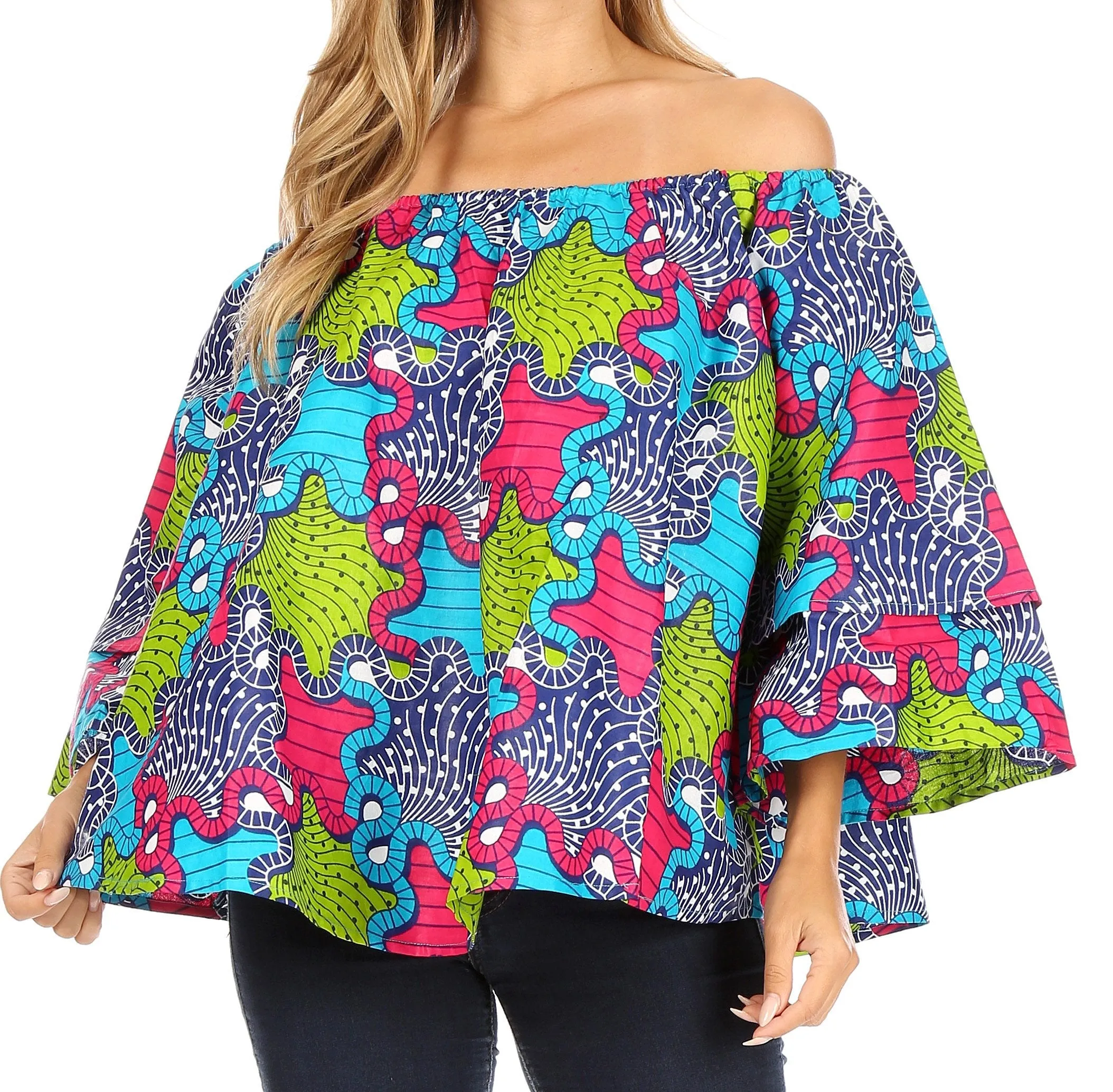 Sakkas Abree Off-shoulder Short Sleeve  Blouse Top Ankara Wax Dutch African Print