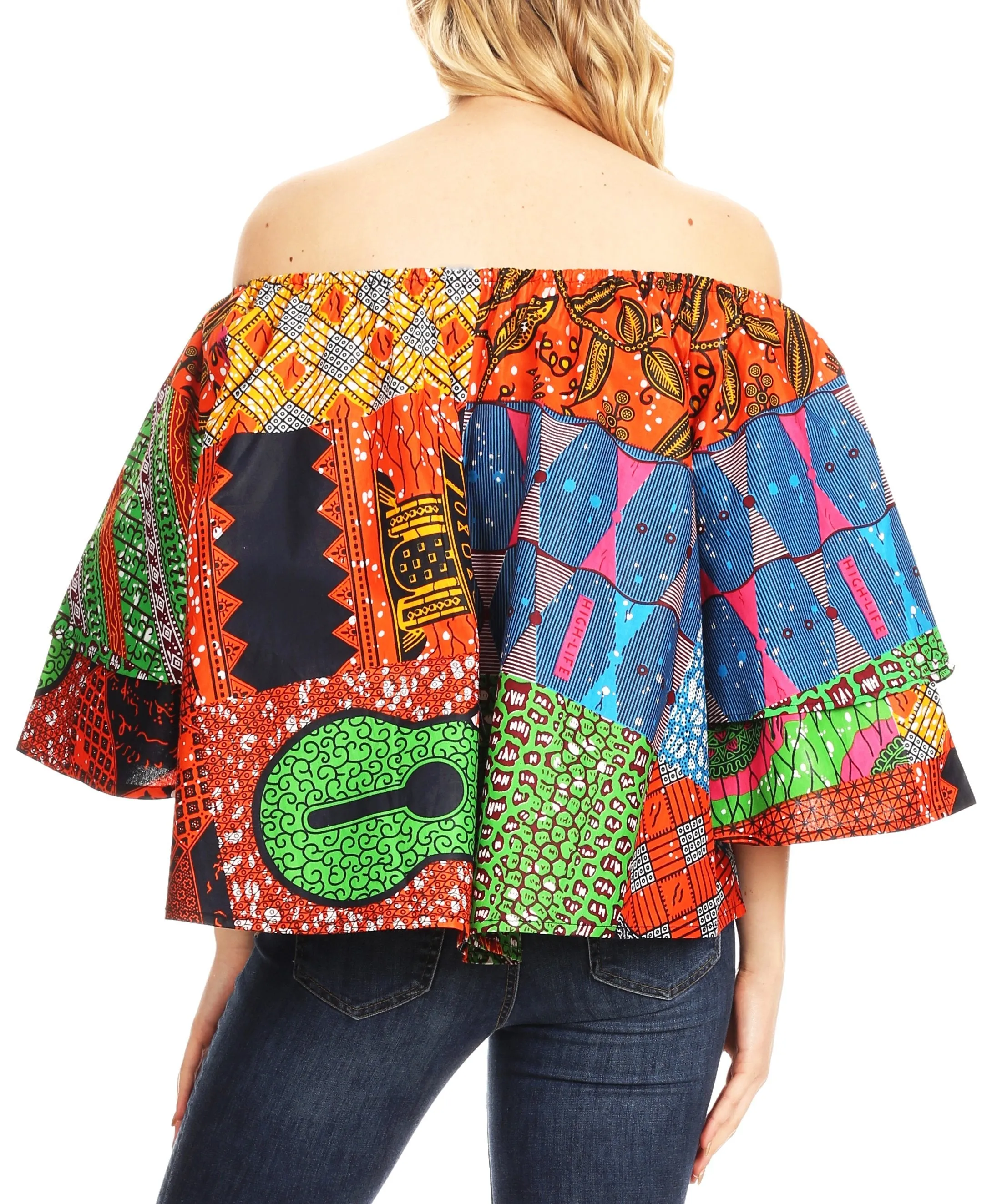 Sakkas Abree Off-shoulder Short Sleeve  Blouse Top Ankara Wax Dutch African Print