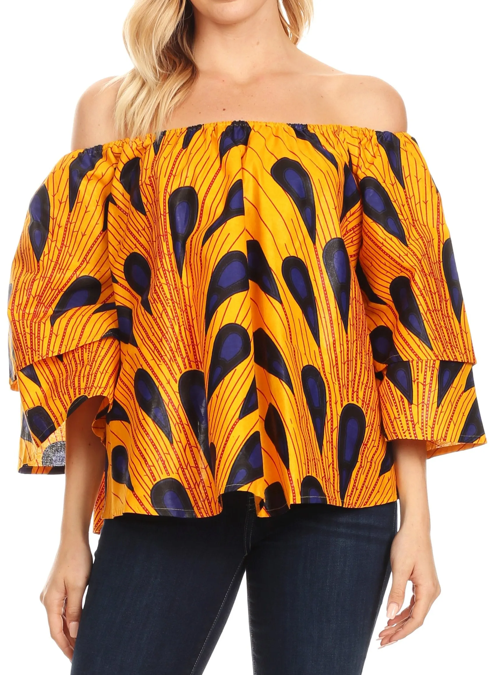 Sakkas Abree Off-shoulder Short Sleeve  Blouse Top Ankara Wax Dutch African Print