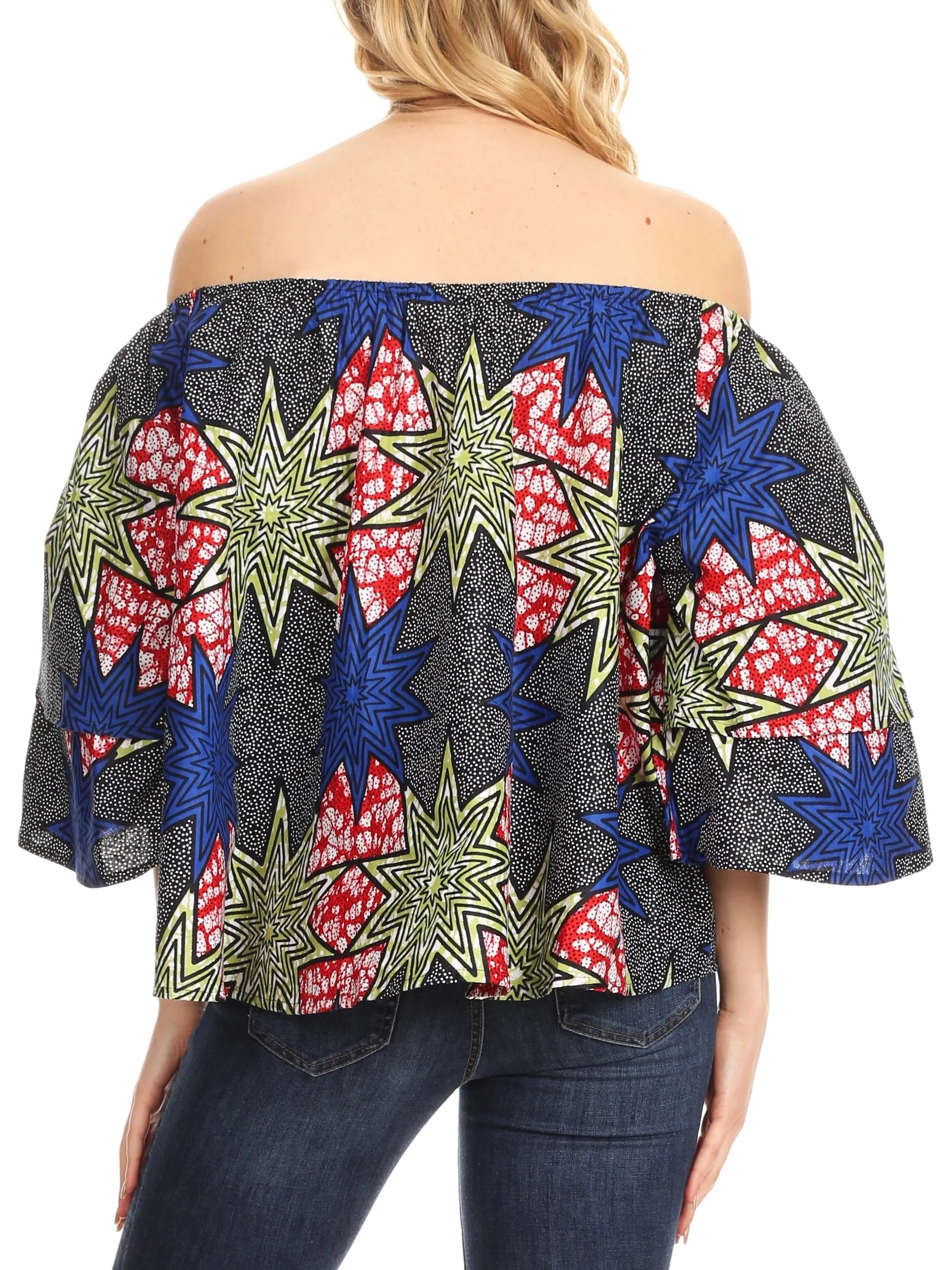 Sakkas Abree Off-shoulder Short Sleeve  Blouse Top Ankara Wax Dutch African Print