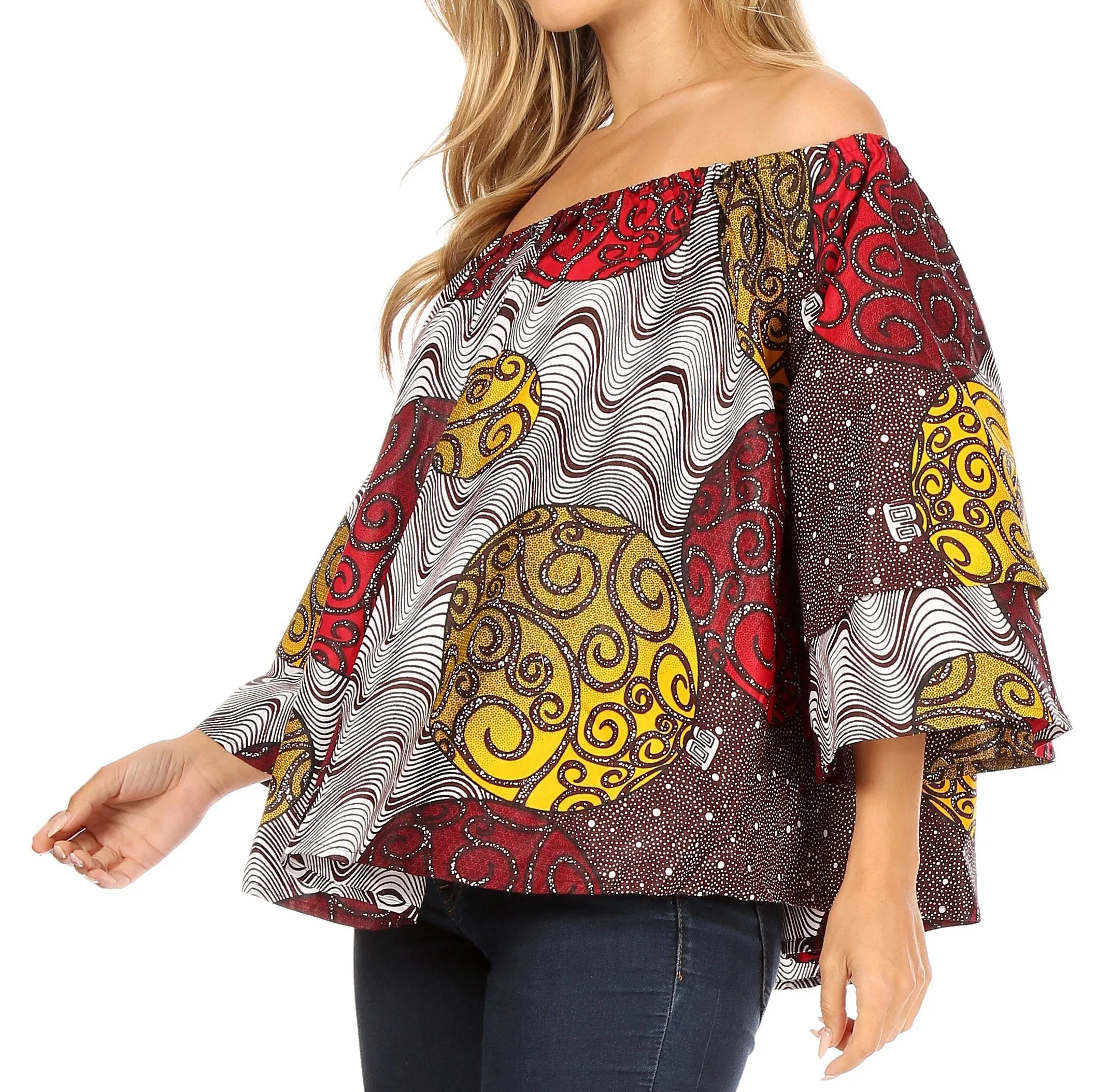 Sakkas Abree Off-shoulder Short Sleeve  Blouse Top Ankara Wax Dutch African Print