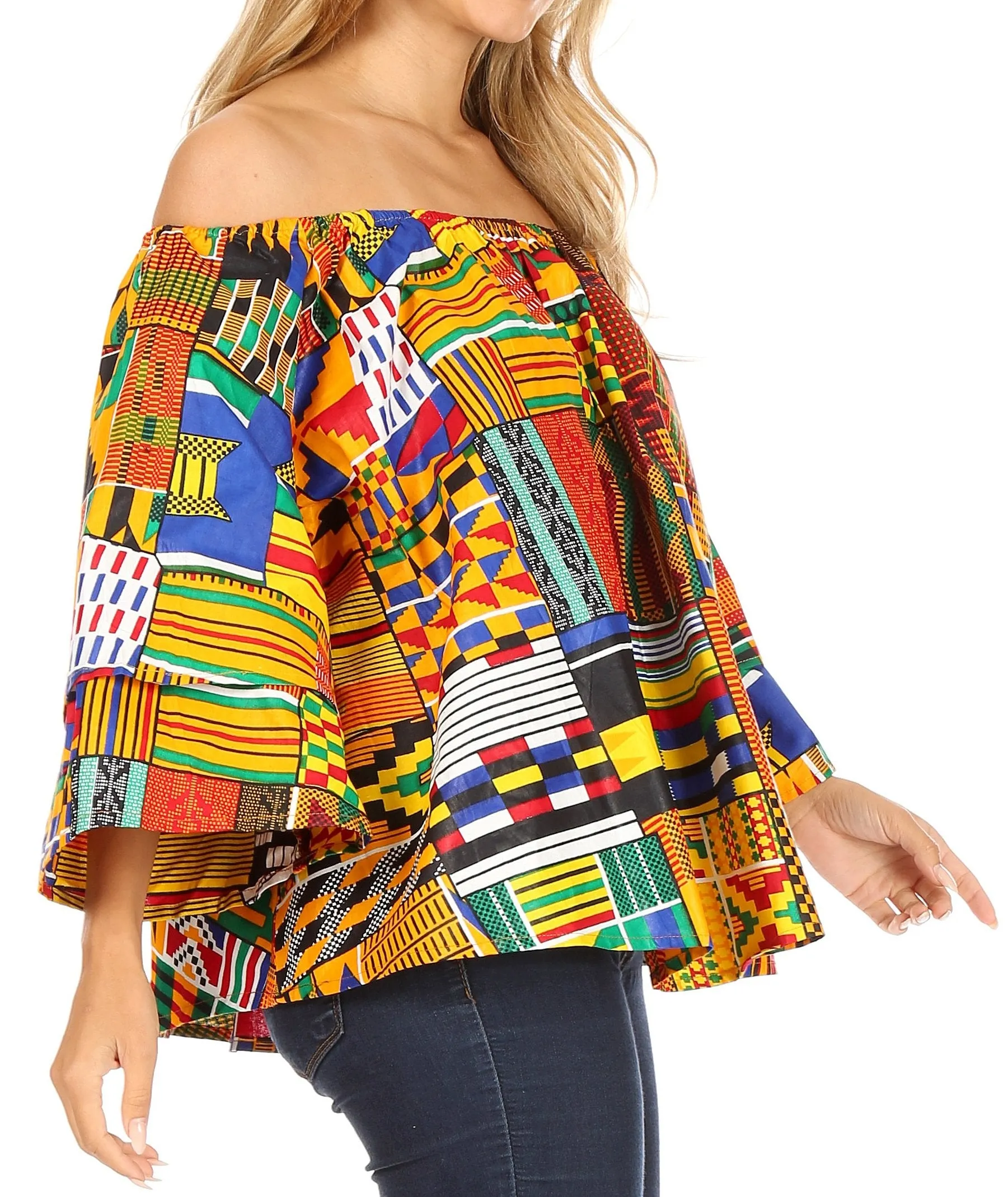 Sakkas Abree Off-shoulder Short Sleeve  Blouse Top Ankara Wax Dutch African Print