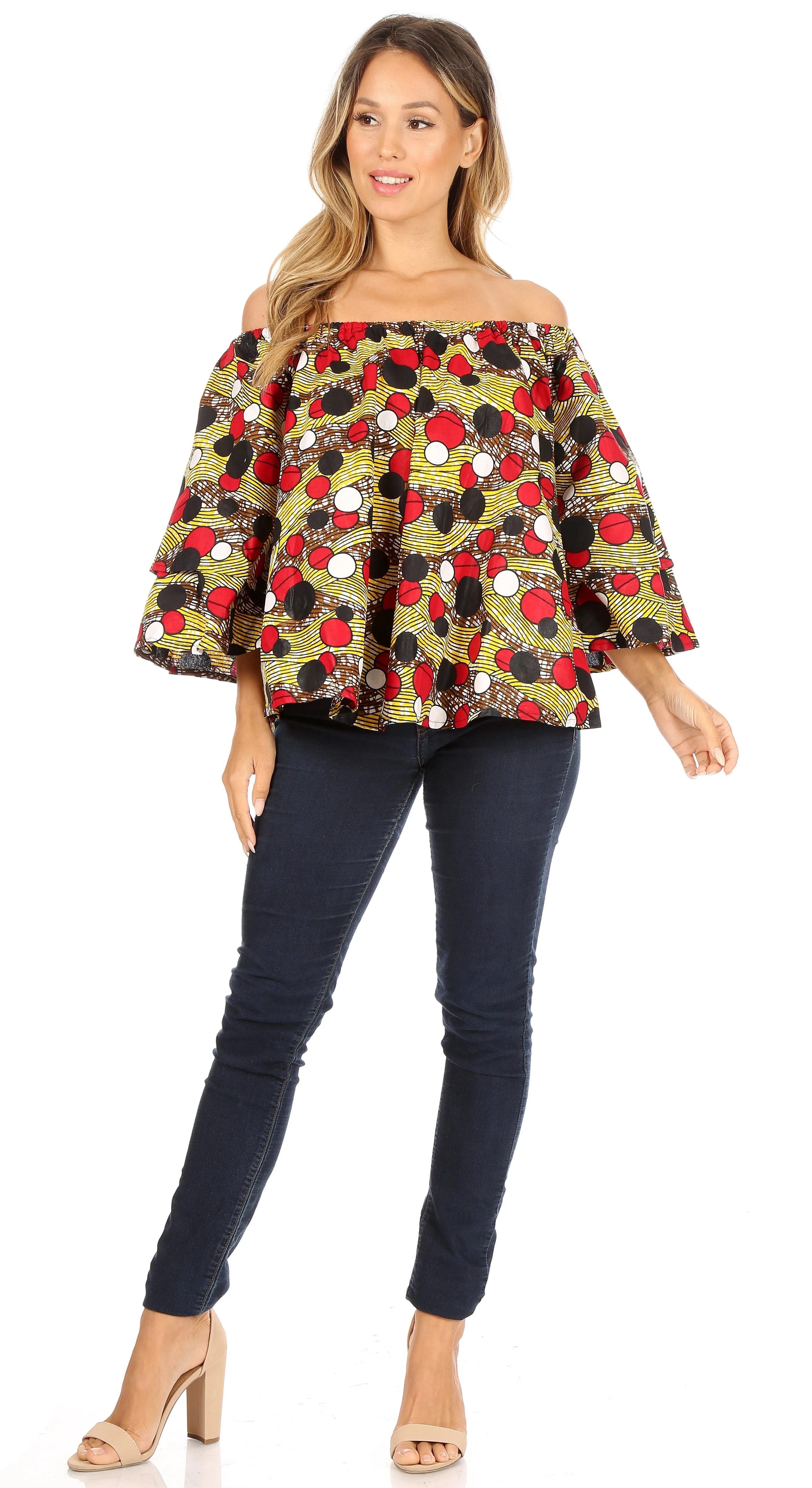 Sakkas Abree Off-shoulder Short Sleeve  Blouse Top Ankara Wax Dutch African Print