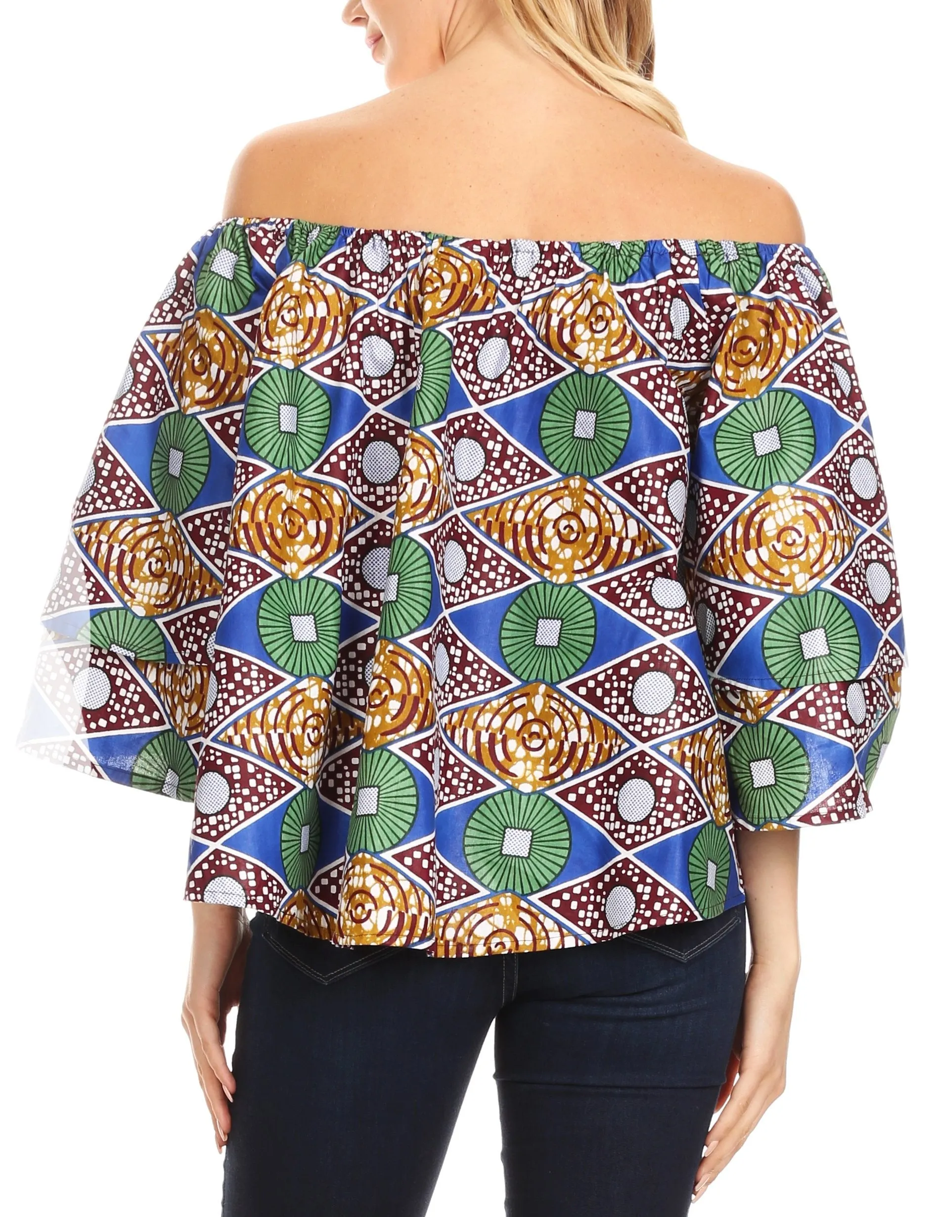 Sakkas Abree Off-shoulder Short Sleeve  Blouse Top Ankara Wax Dutch African Print