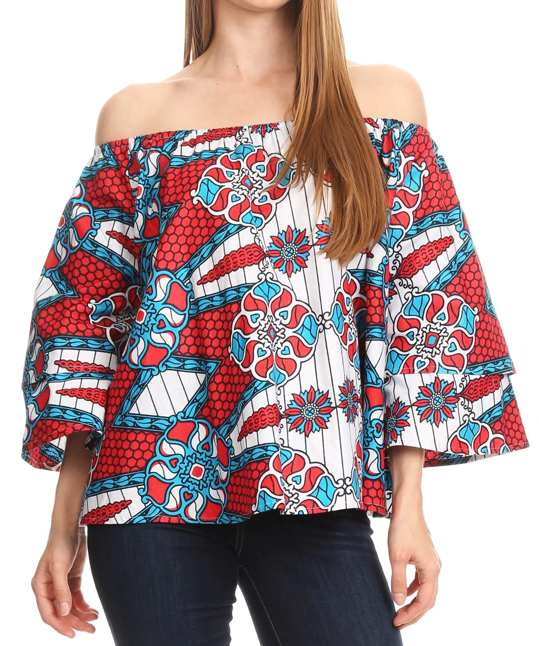 Sakkas Abree Off-shoulder Short Sleeve  Blouse Top Ankara Wax Dutch African Print