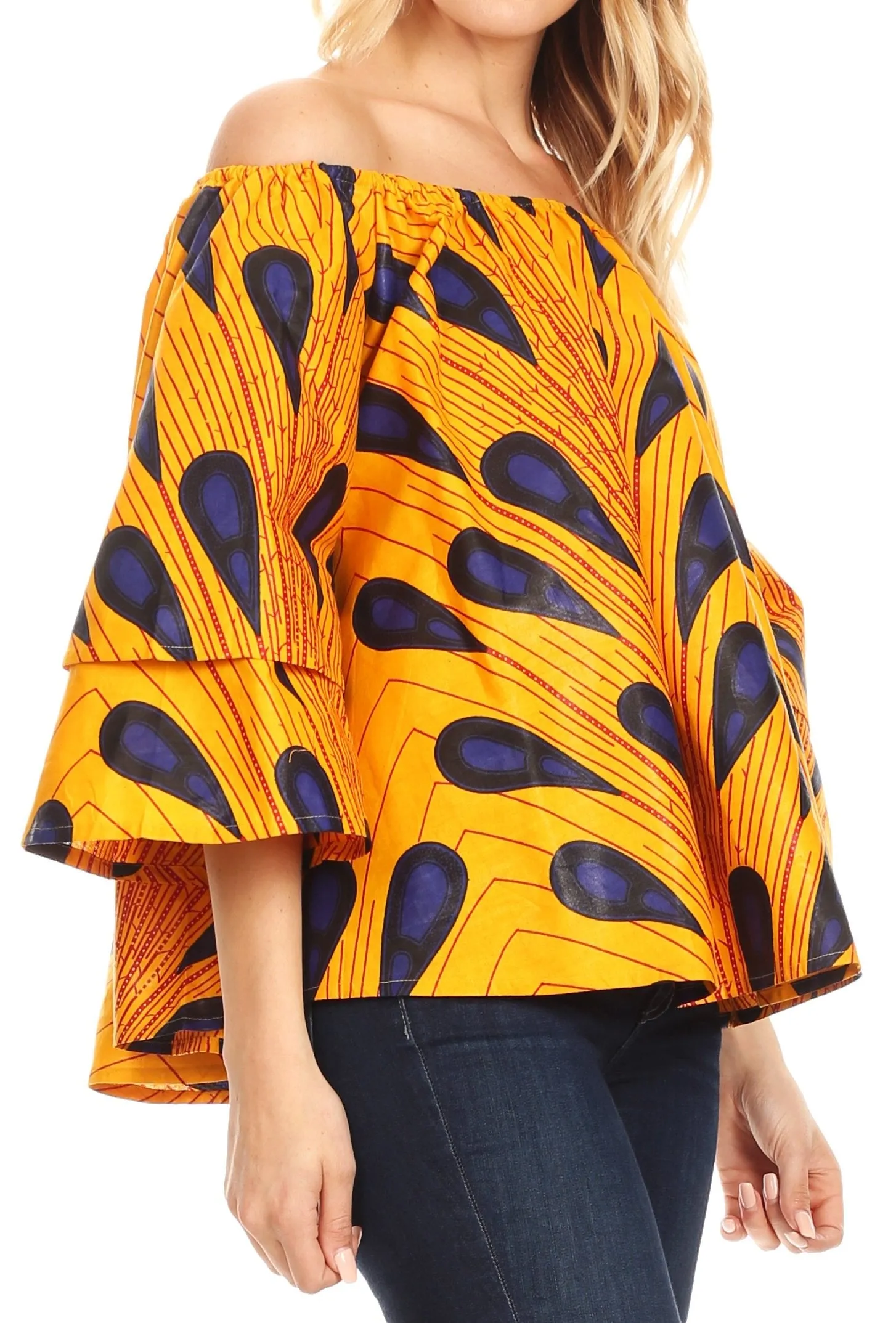 Sakkas Abree Off-shoulder Short Sleeve  Blouse Top Ankara Wax Dutch African Print