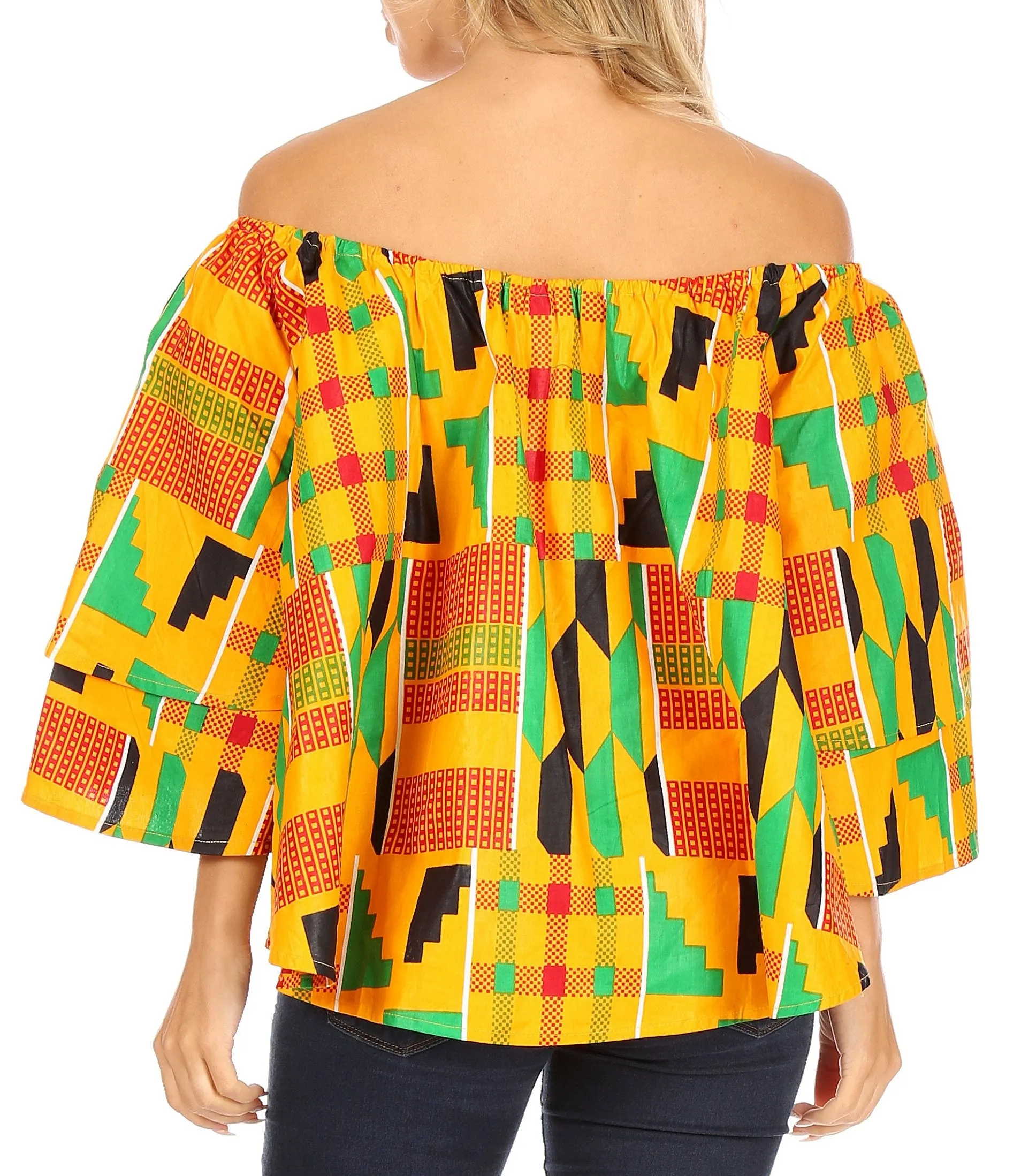 Sakkas Abree Off-shoulder Short Sleeve  Blouse Top Ankara Wax Dutch African Print