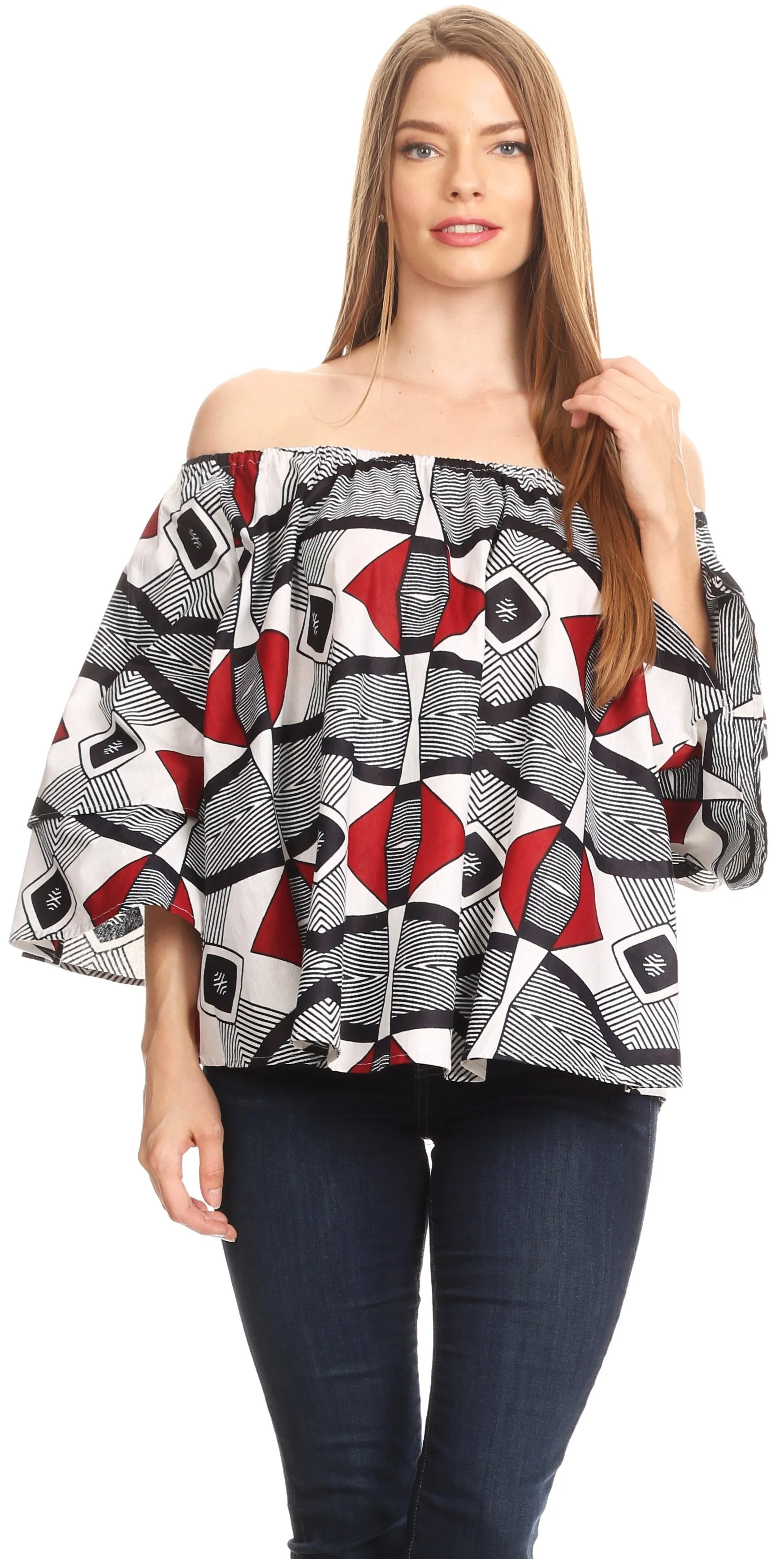 Sakkas Abree Off-shoulder Short Sleeve  Blouse Top Ankara Wax Dutch African Print