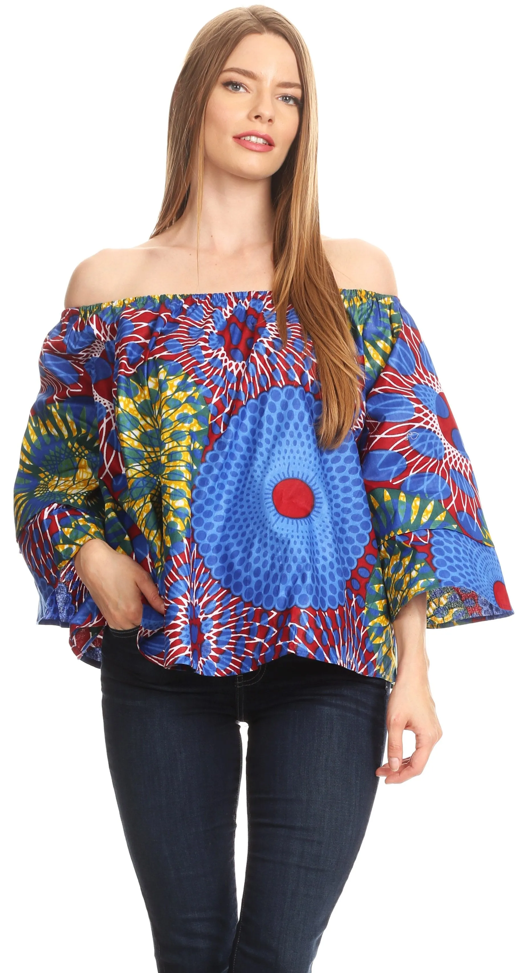 Sakkas Abree Off-shoulder Short Sleeve  Blouse Top Ankara Wax Dutch African Print