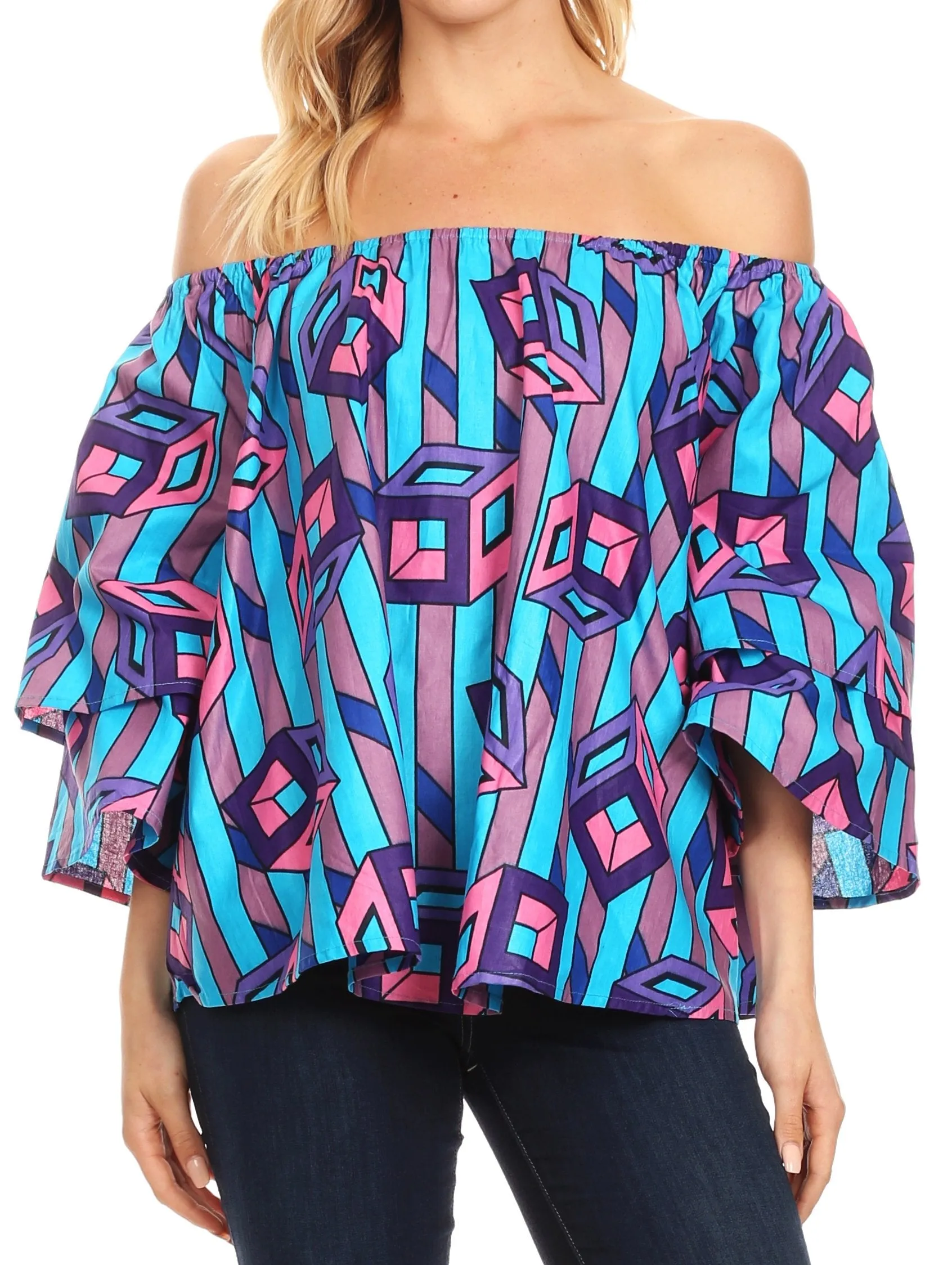 Sakkas Abree Off-shoulder Short Sleeve  Blouse Top Ankara Wax Dutch African Print