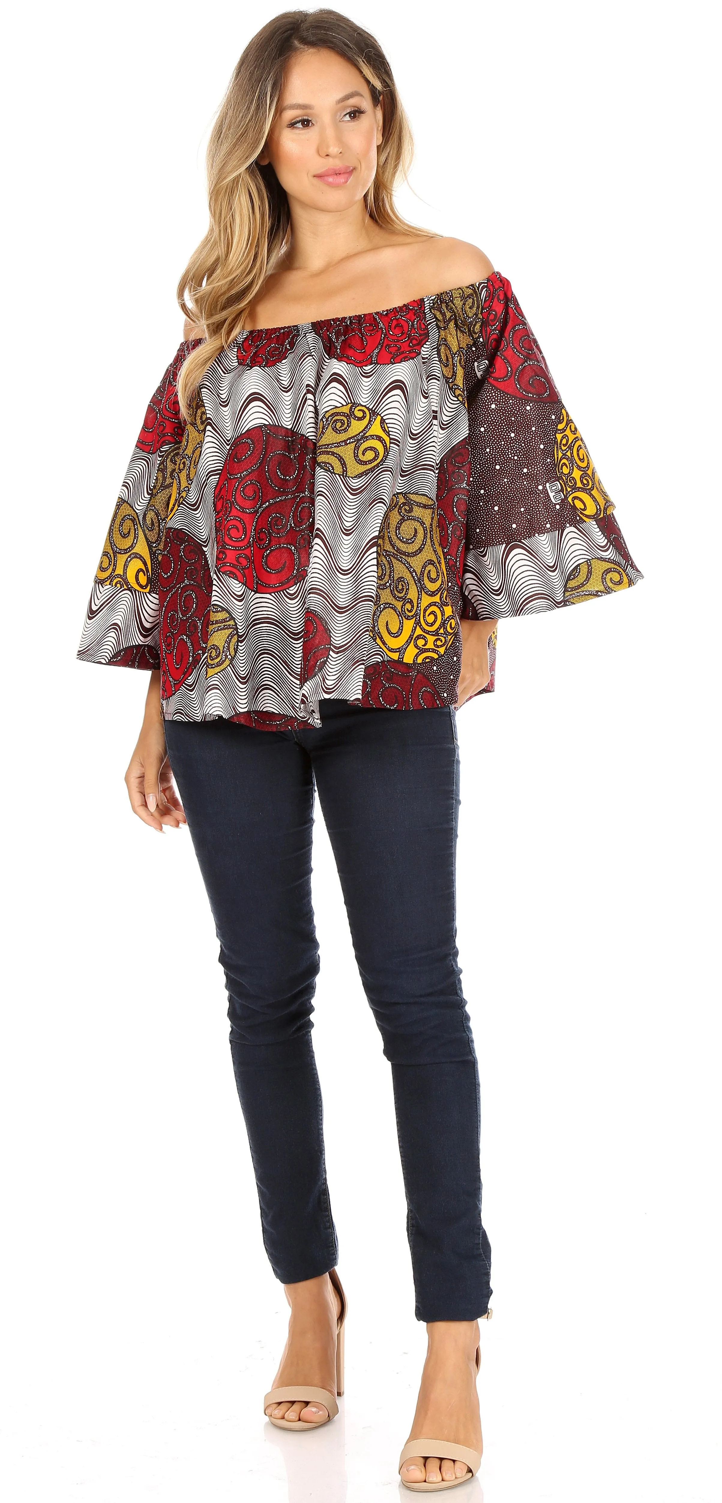 Sakkas Abree Off-shoulder Short Sleeve  Blouse Top Ankara Wax Dutch African Print