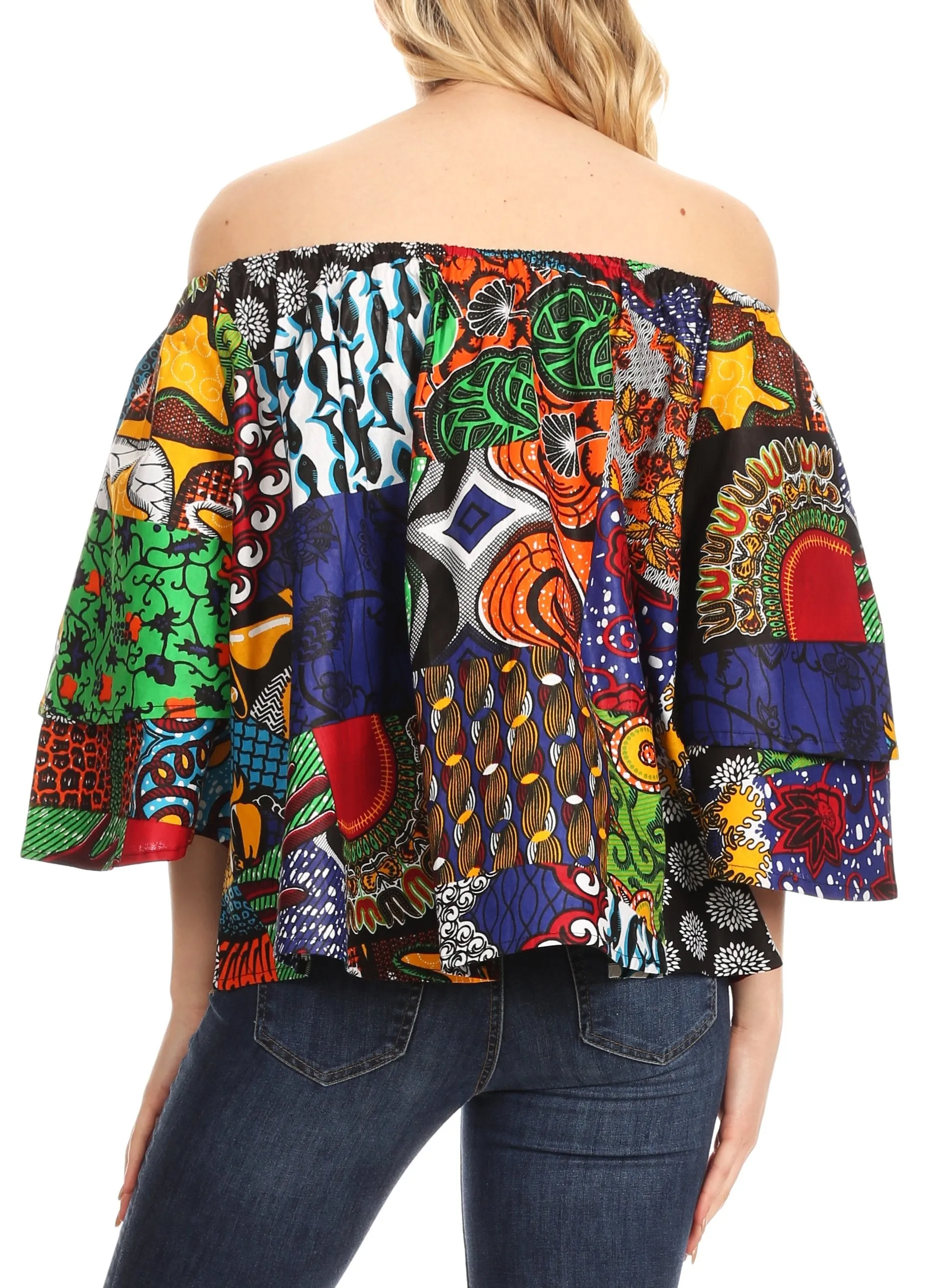 Sakkas Abree Off-shoulder Short Sleeve  Blouse Top Ankara Wax Dutch African Print