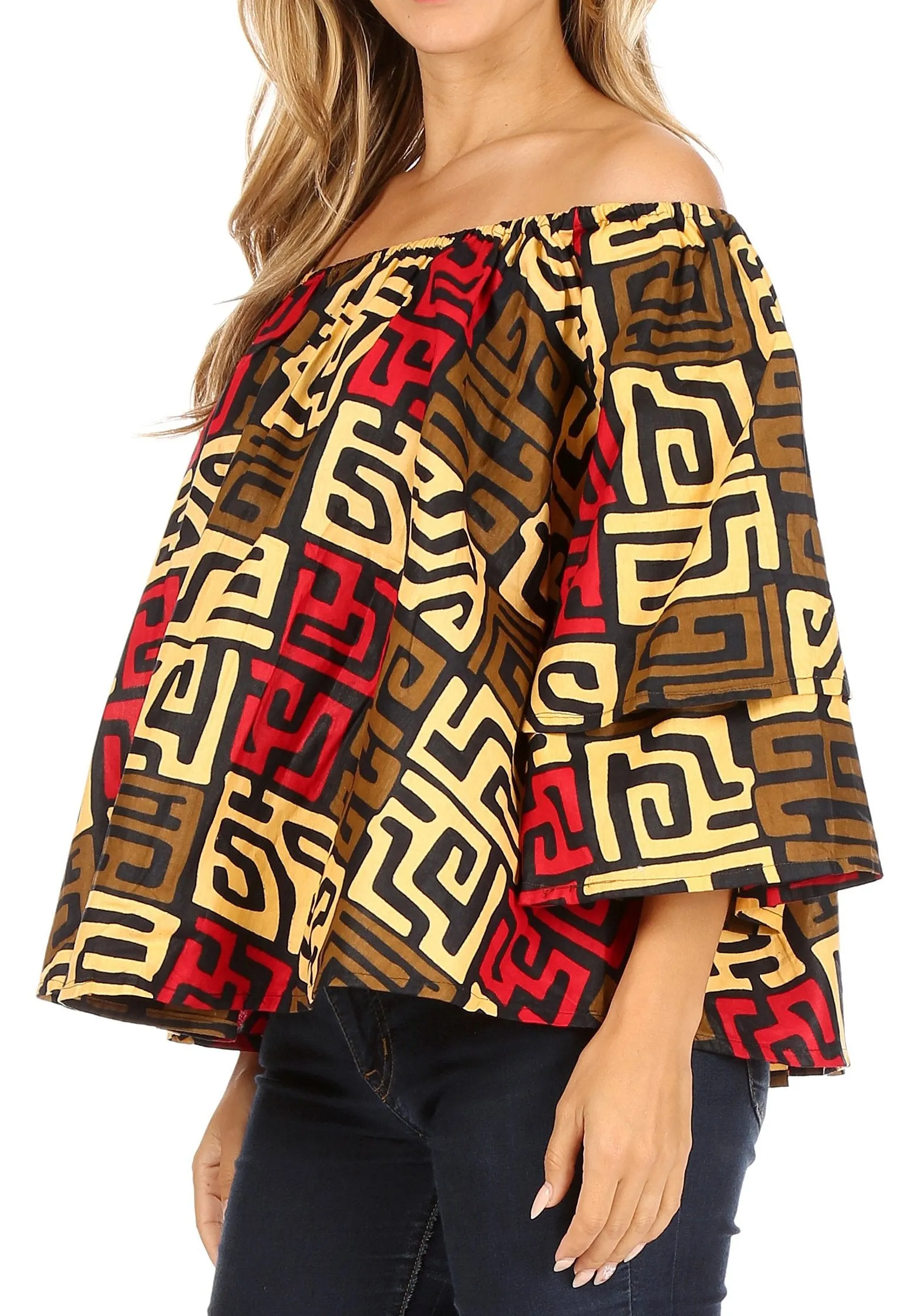 Sakkas Abree Off-shoulder Short Sleeve  Blouse Top Ankara Wax Dutch African Print