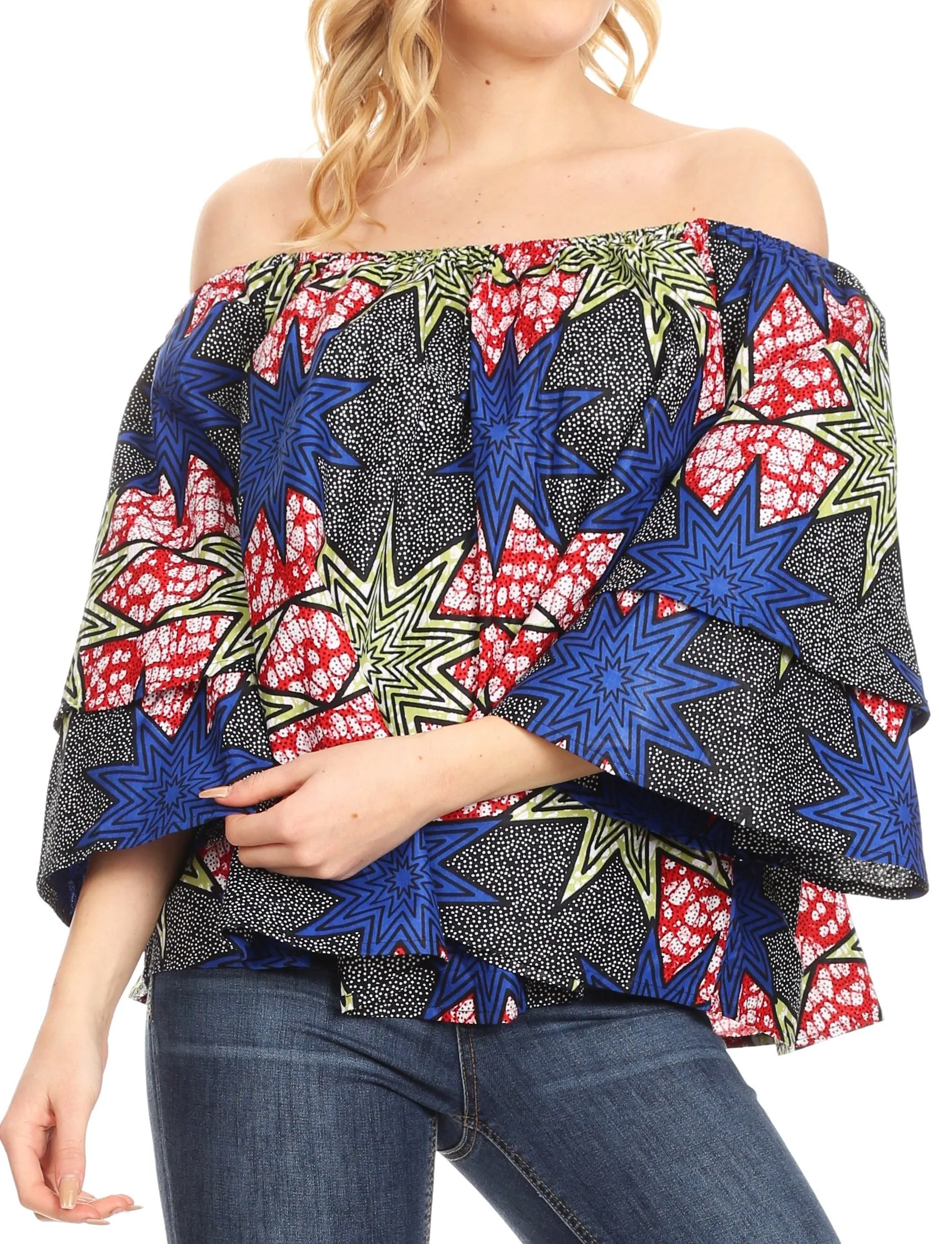 Sakkas Abree Off-shoulder Short Sleeve  Blouse Top Ankara Wax Dutch African Print