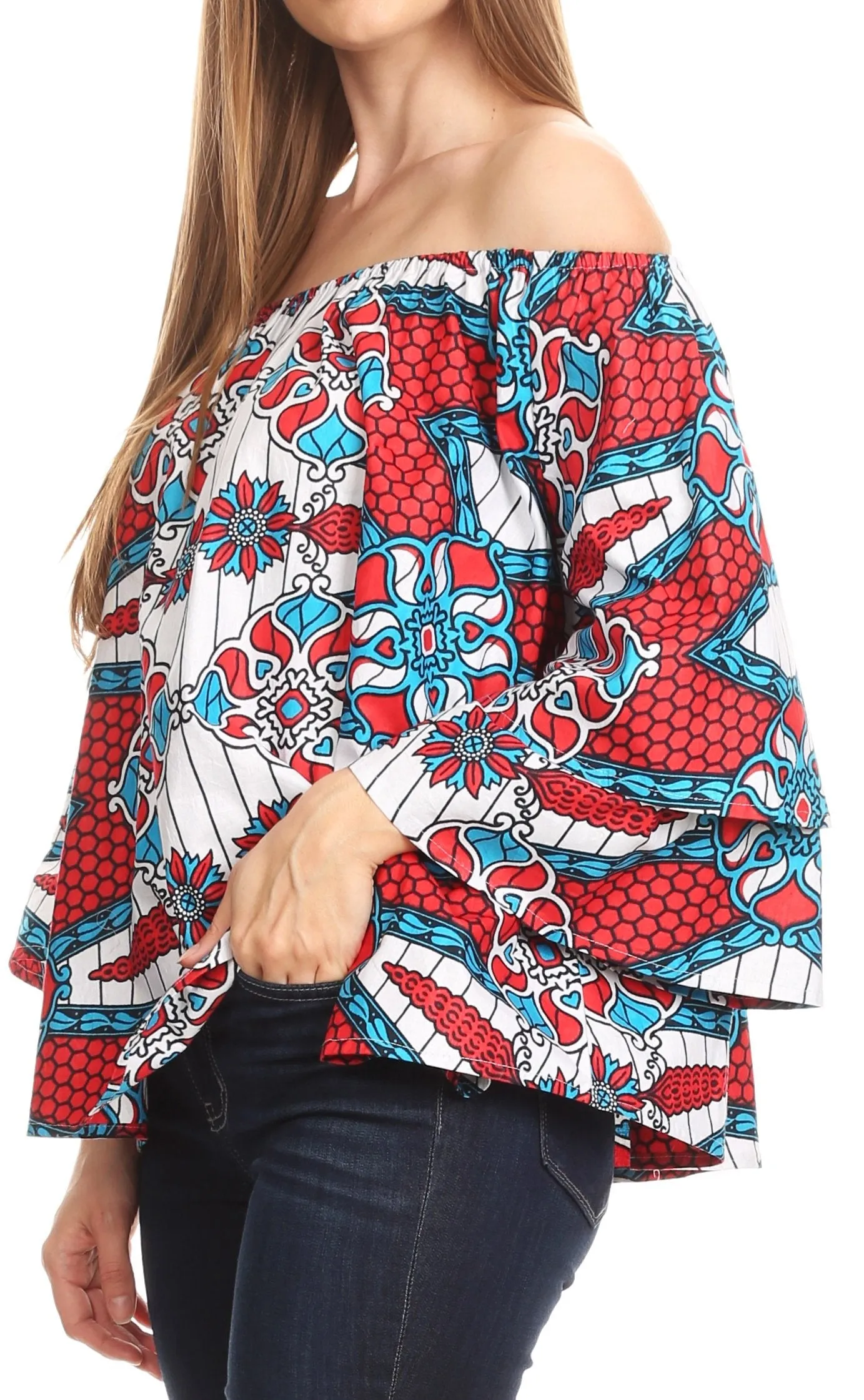 Sakkas Abree Off-shoulder Short Sleeve  Blouse Top Ankara Wax Dutch African Print