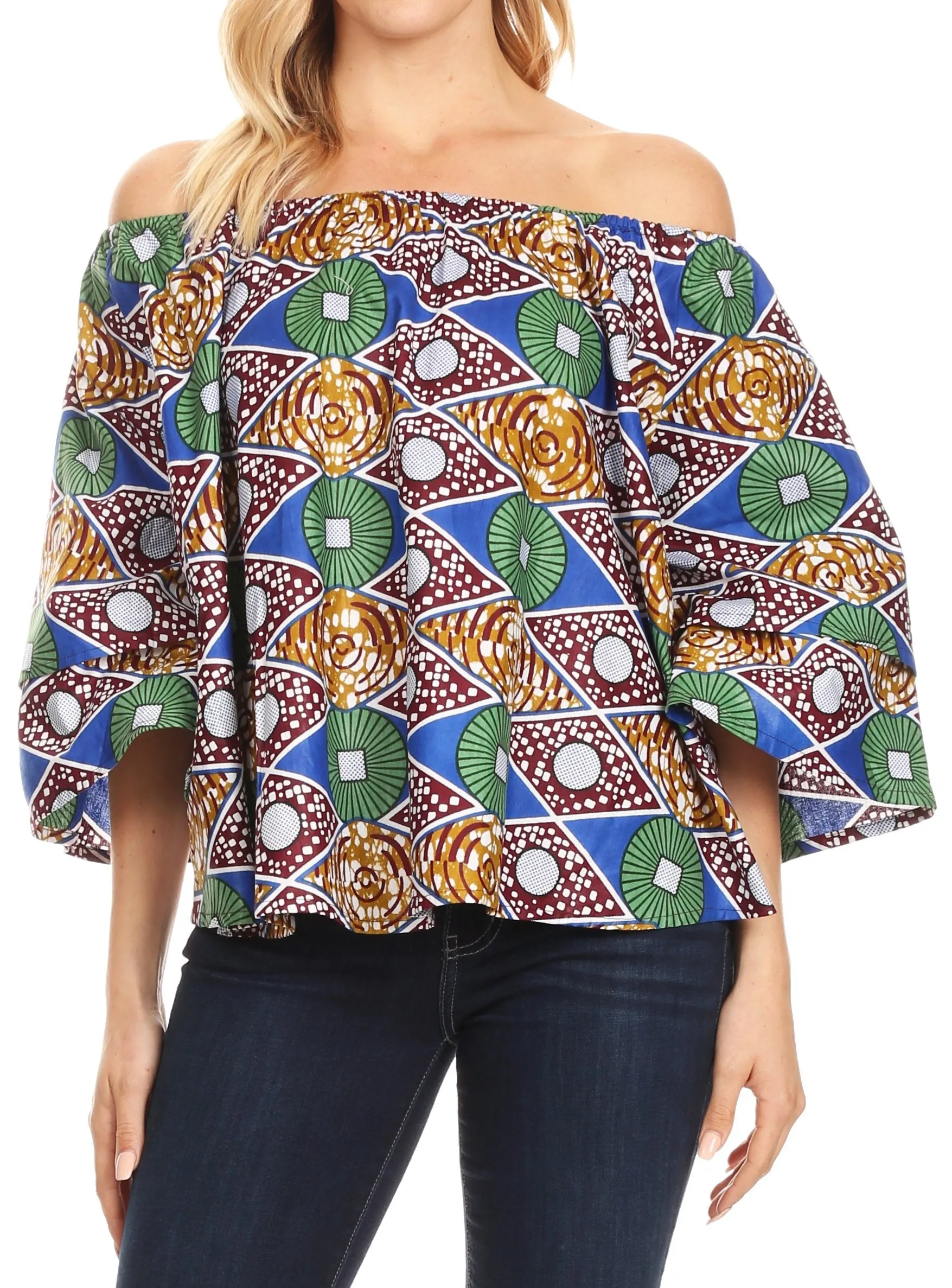 Sakkas Abree Off-shoulder Short Sleeve  Blouse Top Ankara Wax Dutch African Print