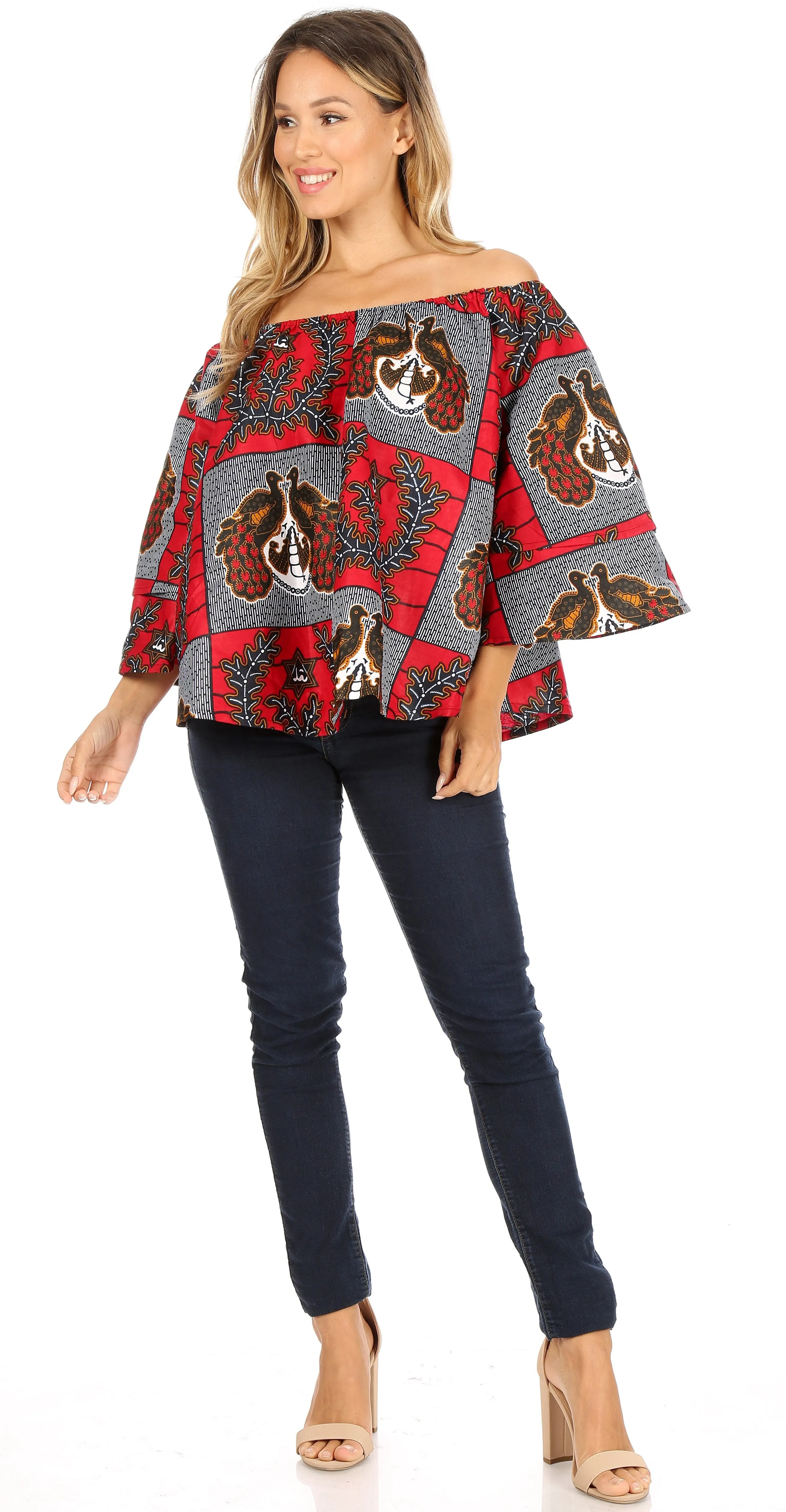 Sakkas Abree Off-shoulder Short Sleeve  Blouse Top Ankara Wax Dutch African Print