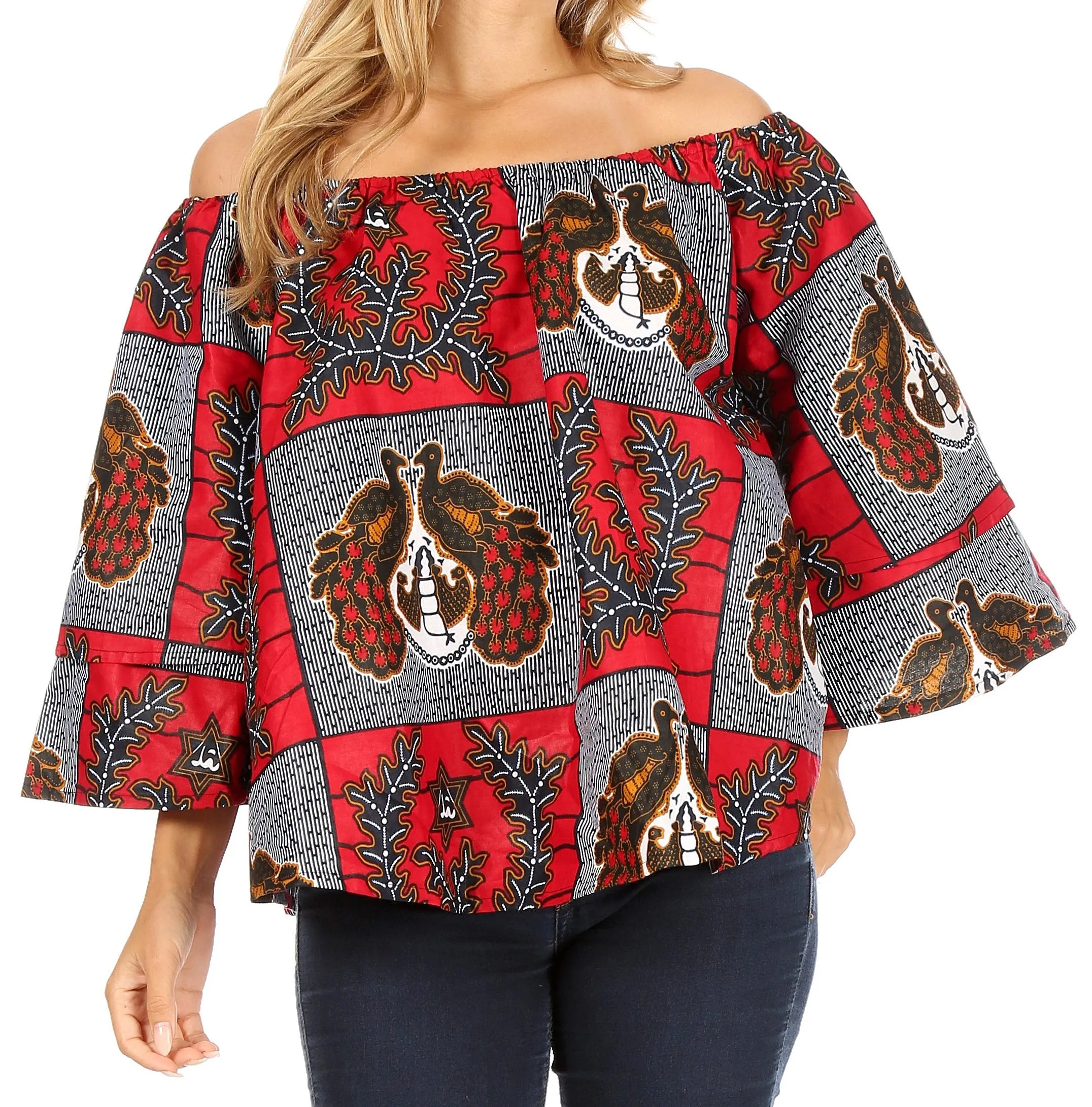 Sakkas Abree Off-shoulder Short Sleeve  Blouse Top Ankara Wax Dutch African Print