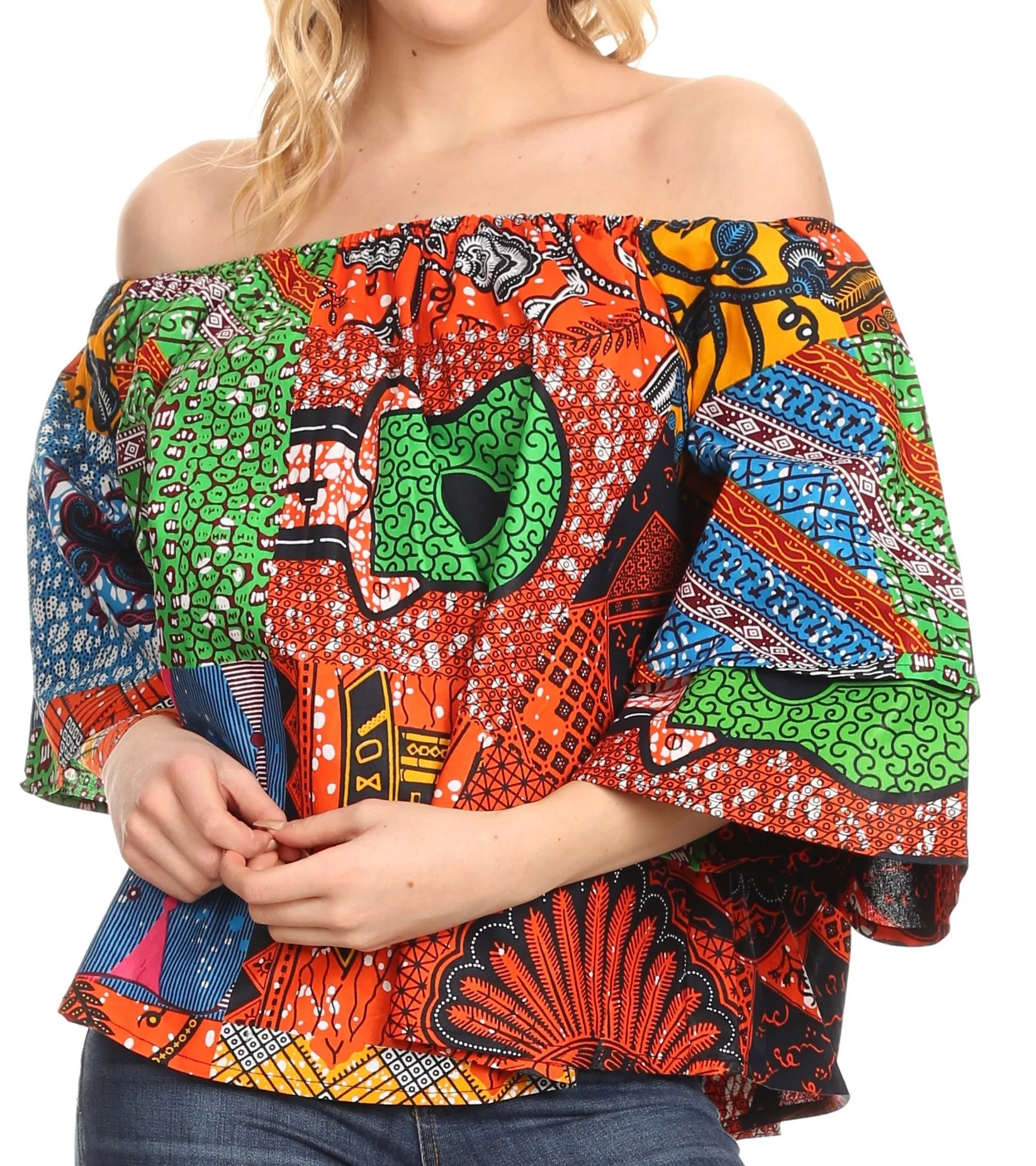 Sakkas Abree Off-shoulder Short Sleeve  Blouse Top Ankara Wax Dutch African Print