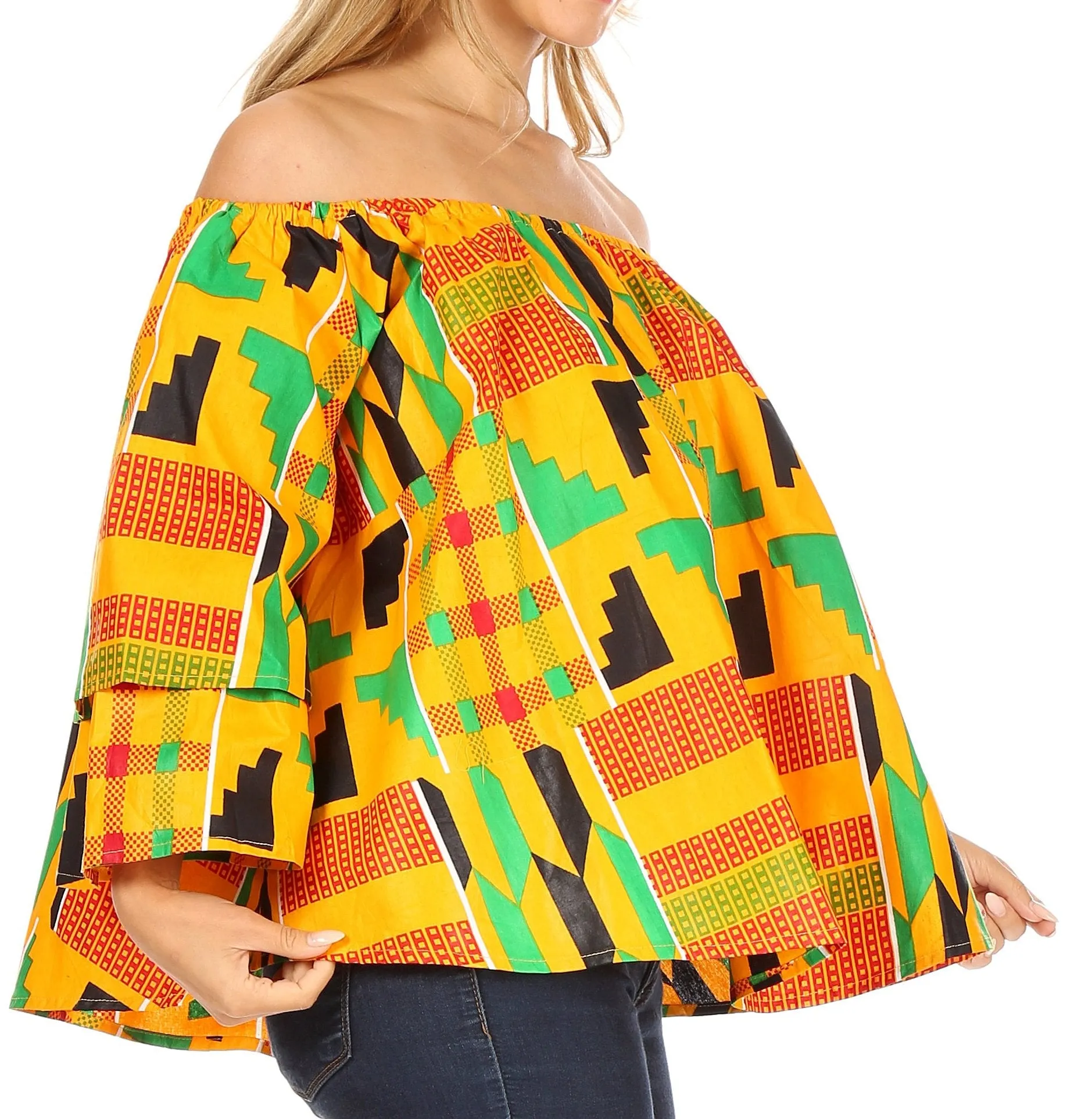 Sakkas Abree Off-shoulder Short Sleeve  Blouse Top Ankara Wax Dutch African Print