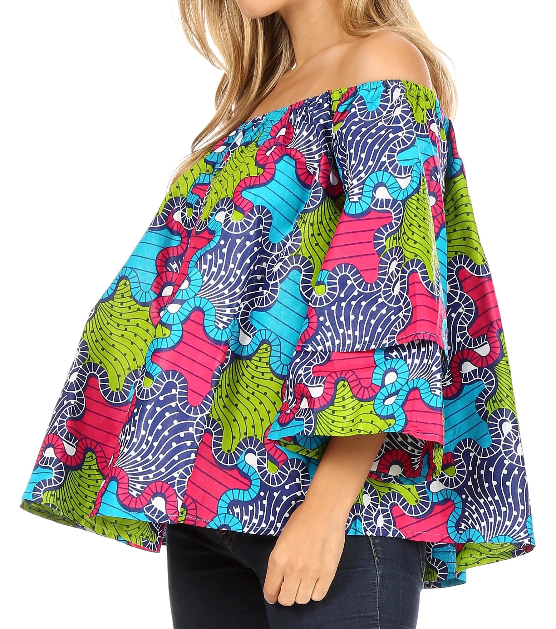 Sakkas Abree Off-shoulder Short Sleeve  Blouse Top Ankara Wax Dutch African Print