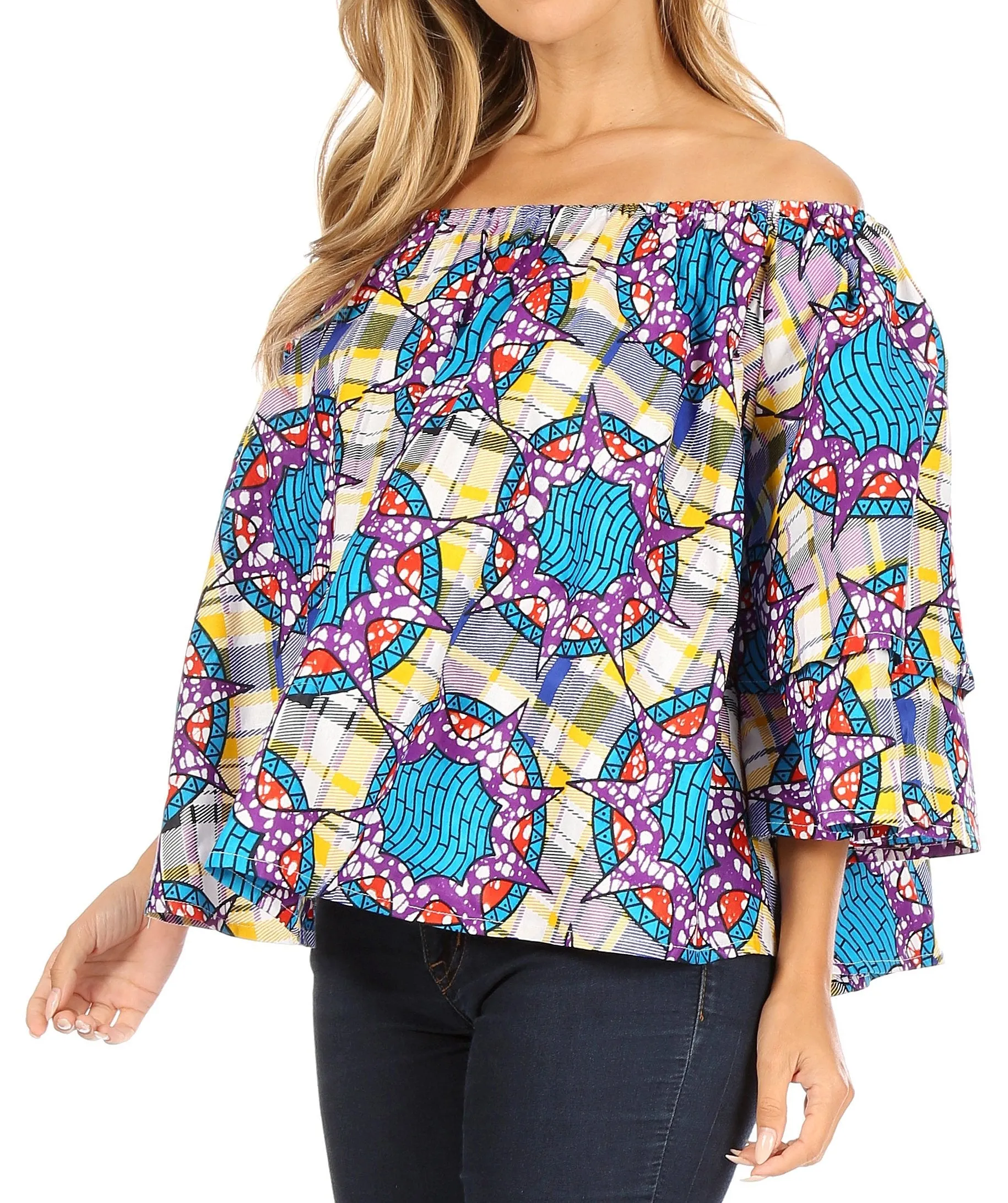 Sakkas Abree Off-shoulder Short Sleeve  Blouse Top Ankara Wax Dutch African Print