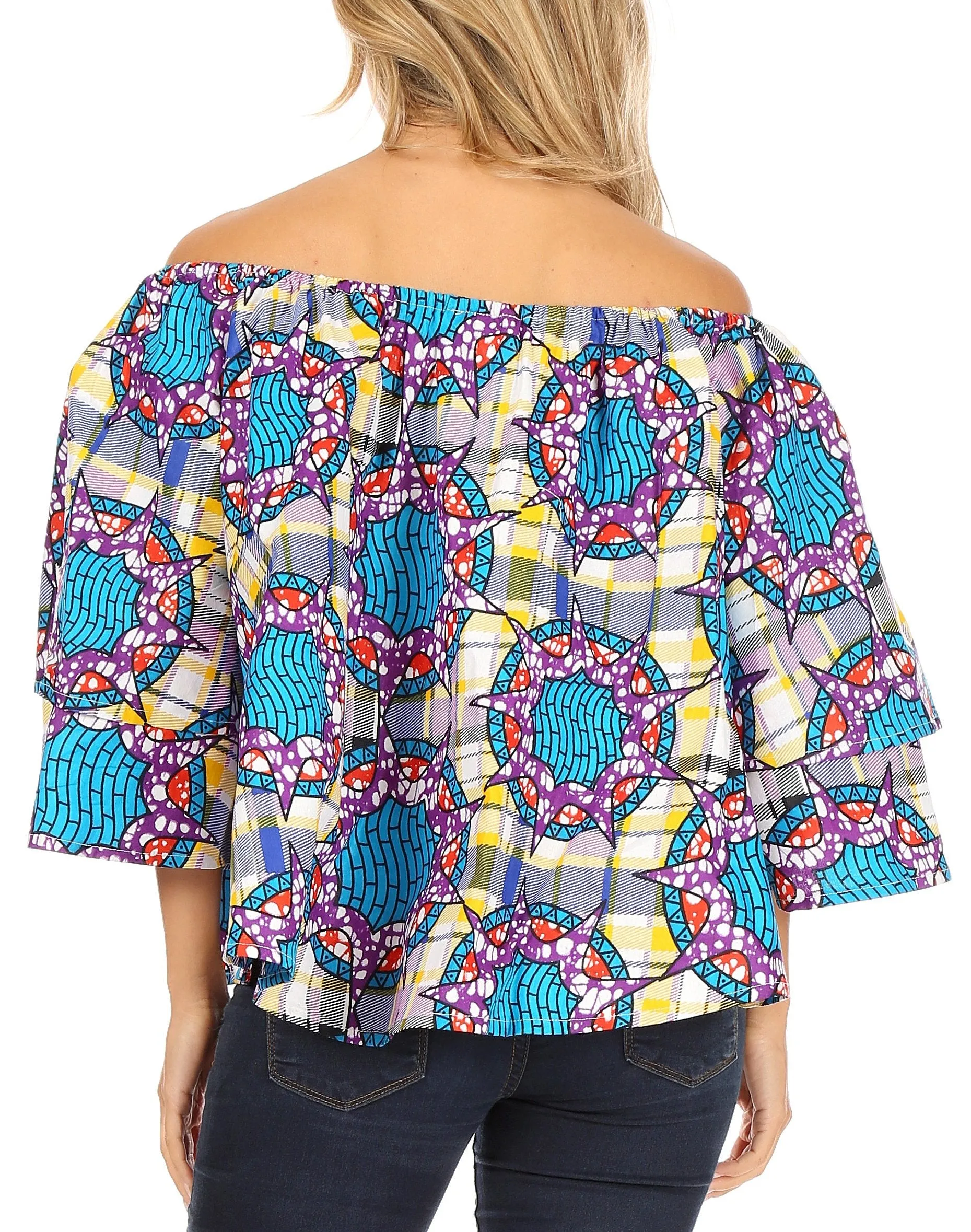 Sakkas Abree Off-shoulder Short Sleeve  Blouse Top Ankara Wax Dutch African Print