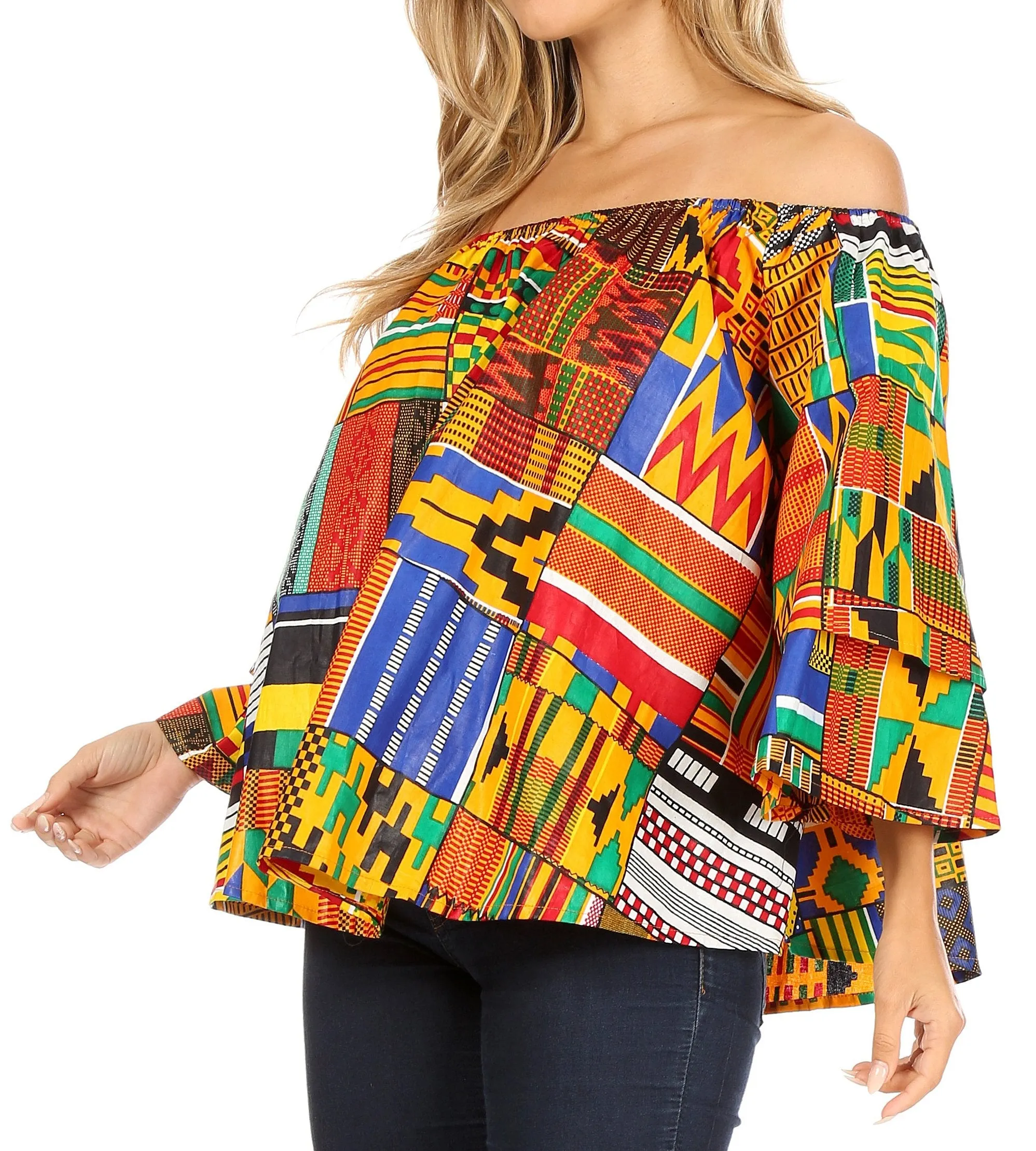 Sakkas Abree Off-shoulder Short Sleeve  Blouse Top Ankara Wax Dutch African Print