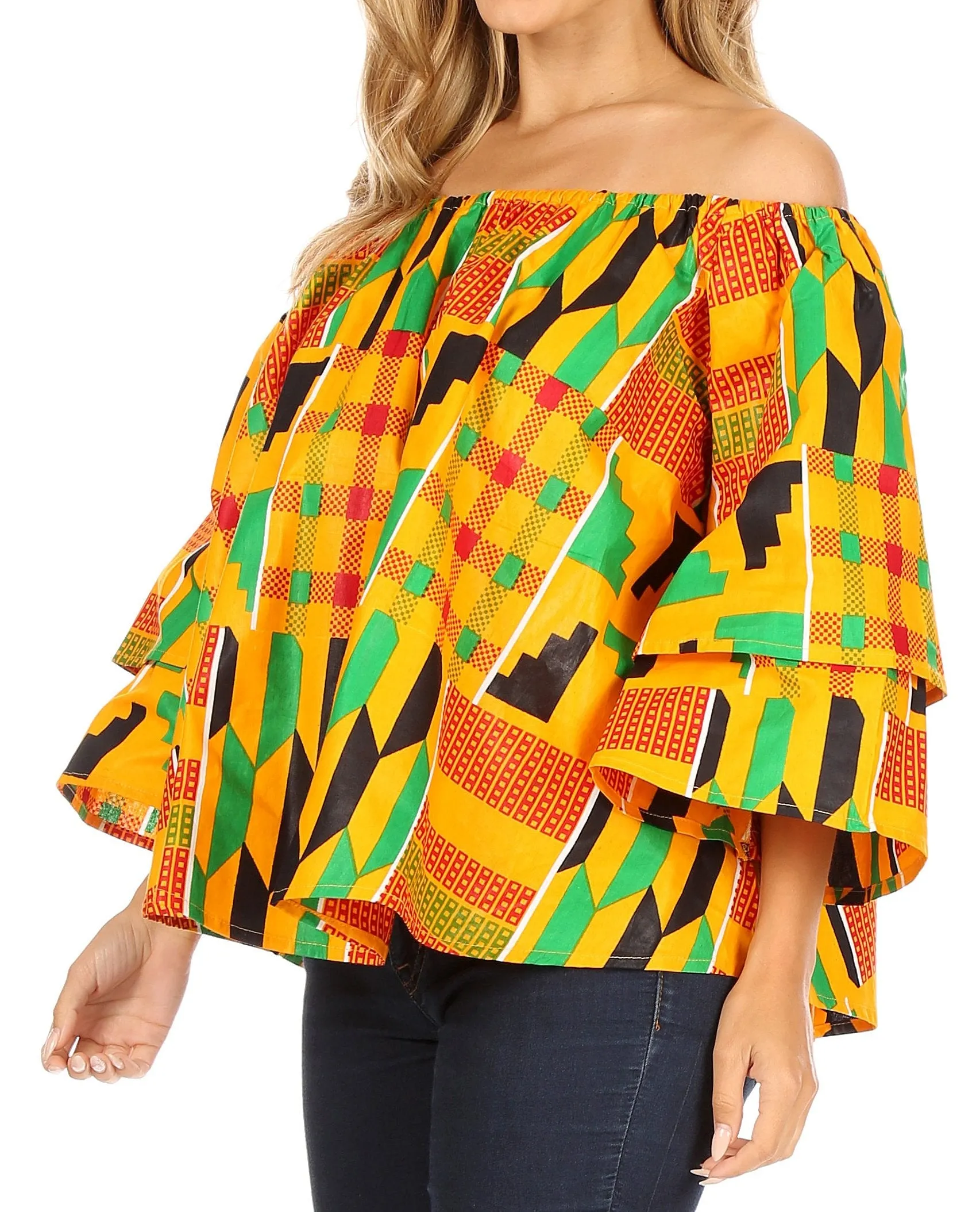 Sakkas Abree Off-shoulder Short Sleeve  Blouse Top Ankara Wax Dutch African Print