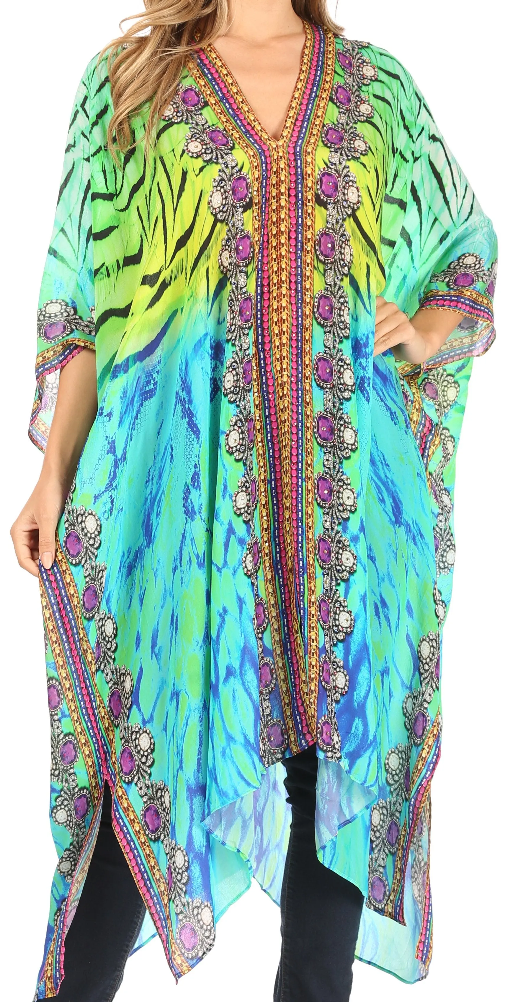 Sakkas Alvita Women's V Neck Beach Dress Top Caftan Cover up with Rhinestones