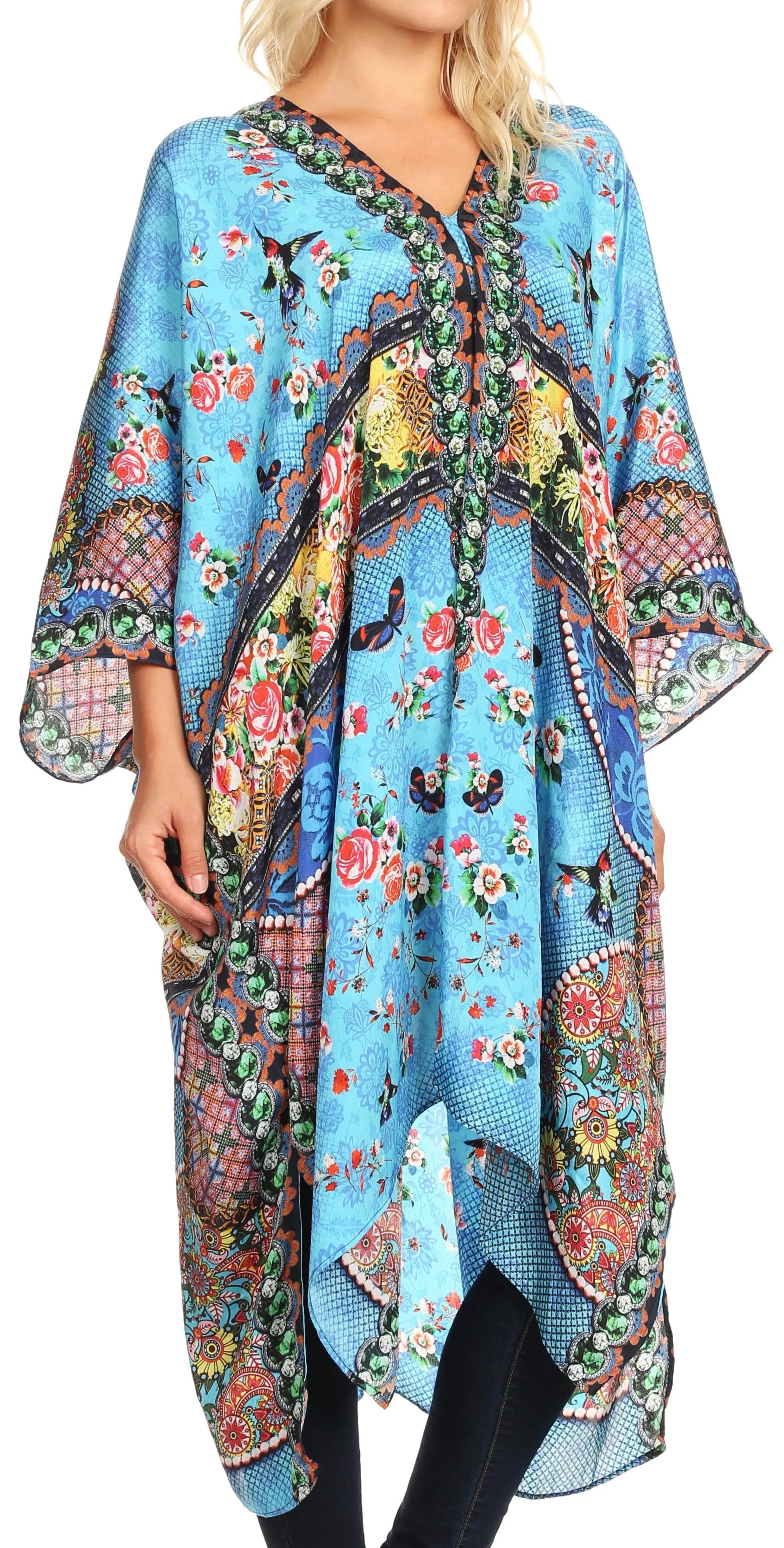 Sakkas Alvita Women's V Neck Beach Dress Top Caftan Cover up with Rhinestones