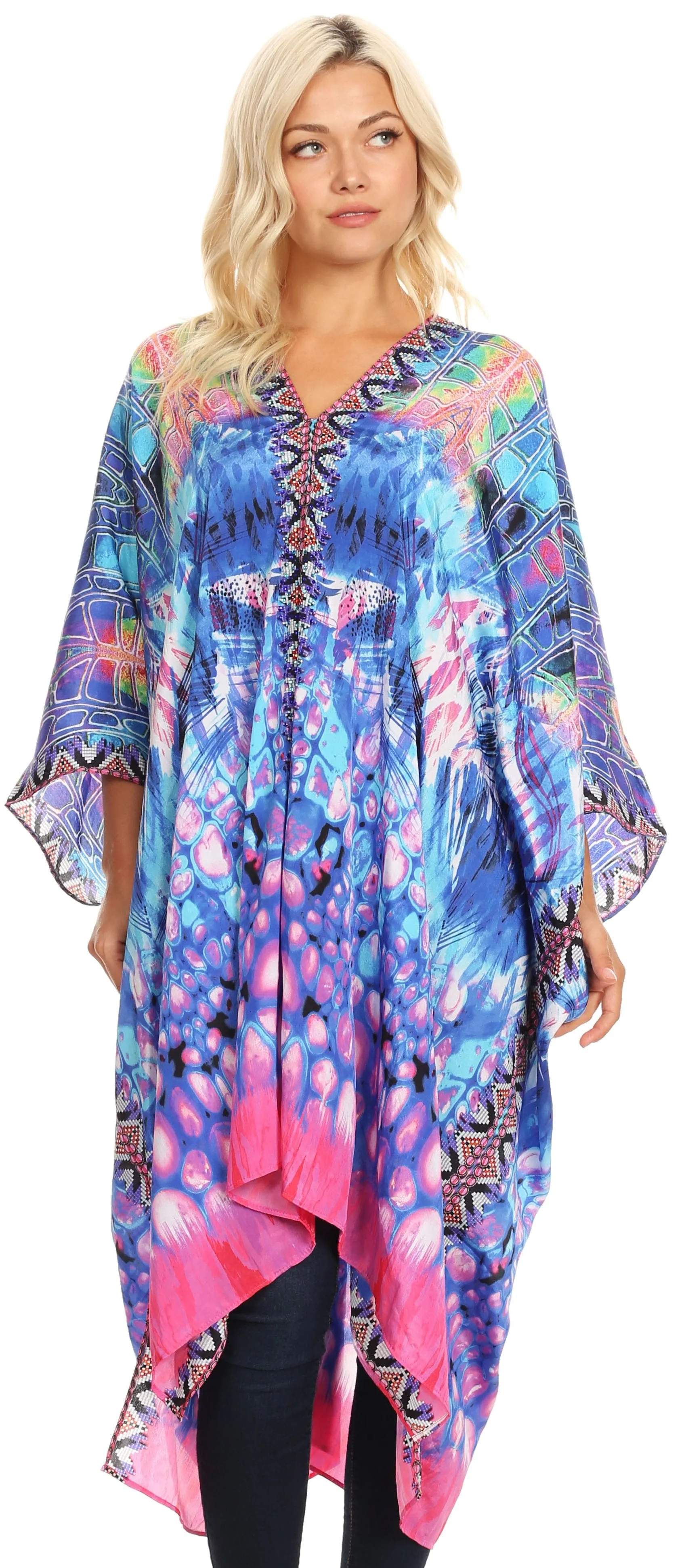 Sakkas Alvita Women's V Neck Beach Dress Top Caftan Cover up with Rhinestones