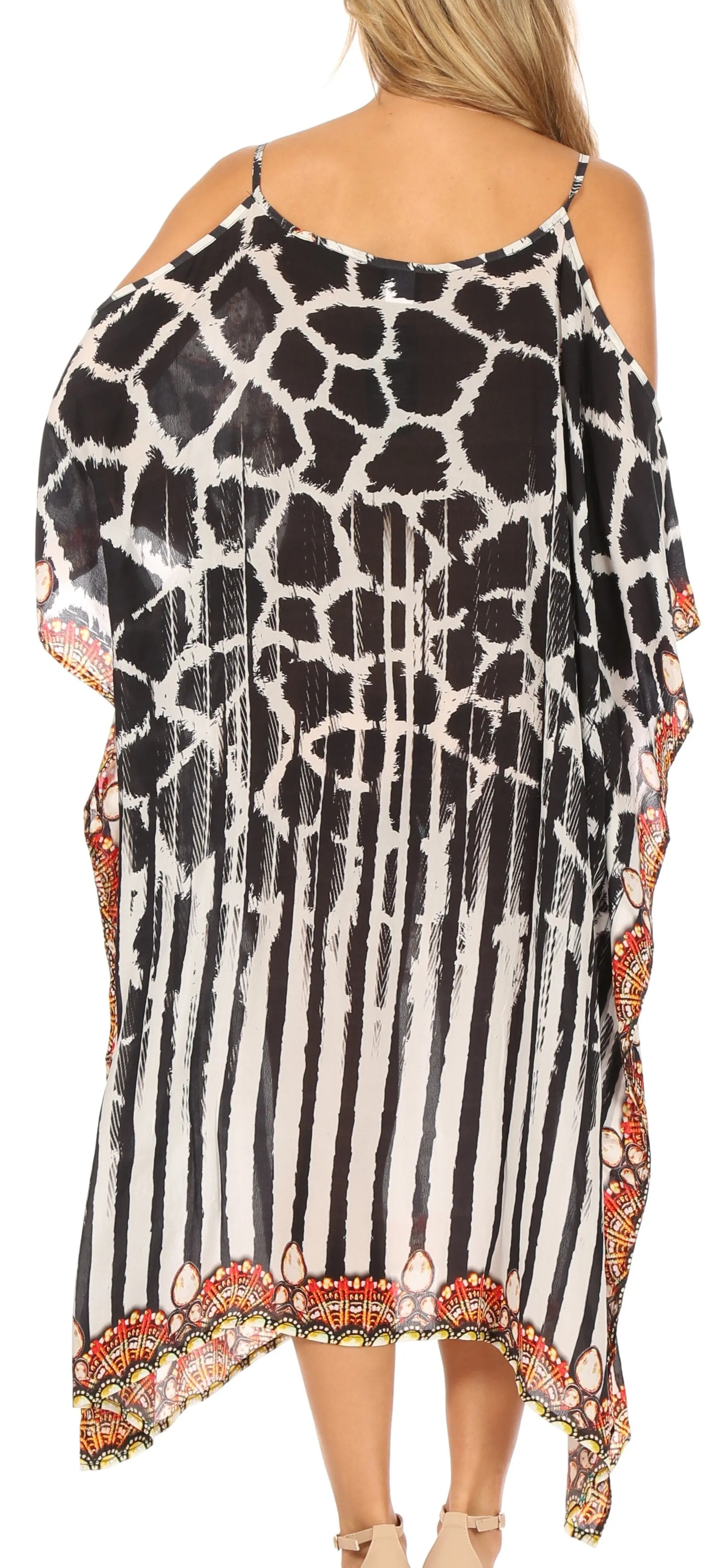 Sakkas Amaya Loose Fit Long Printed Strappy Cutout Shoulder Boat Neck Kaftan Dress