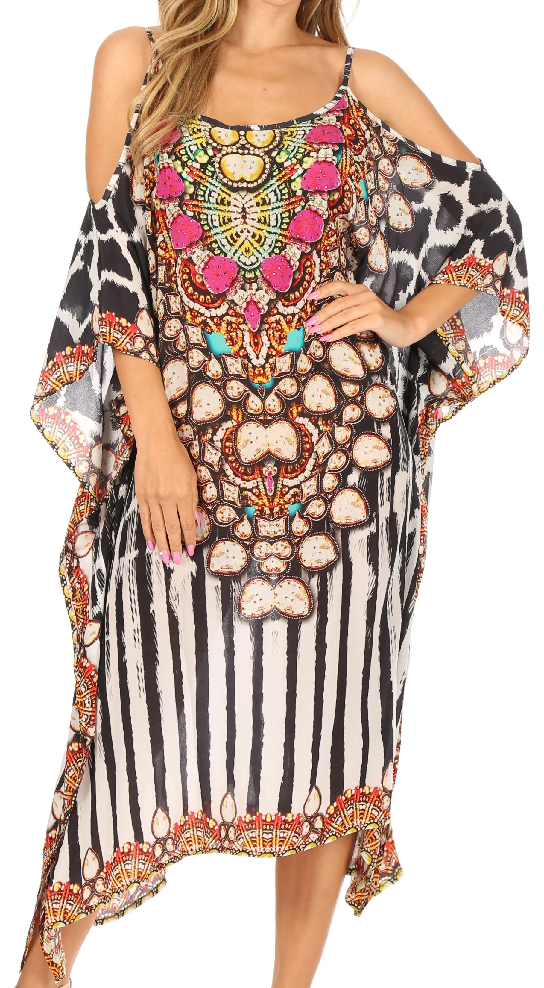 Sakkas Amaya Loose Fit Long Printed Strappy Cutout Shoulder Boat Neck Kaftan Dress