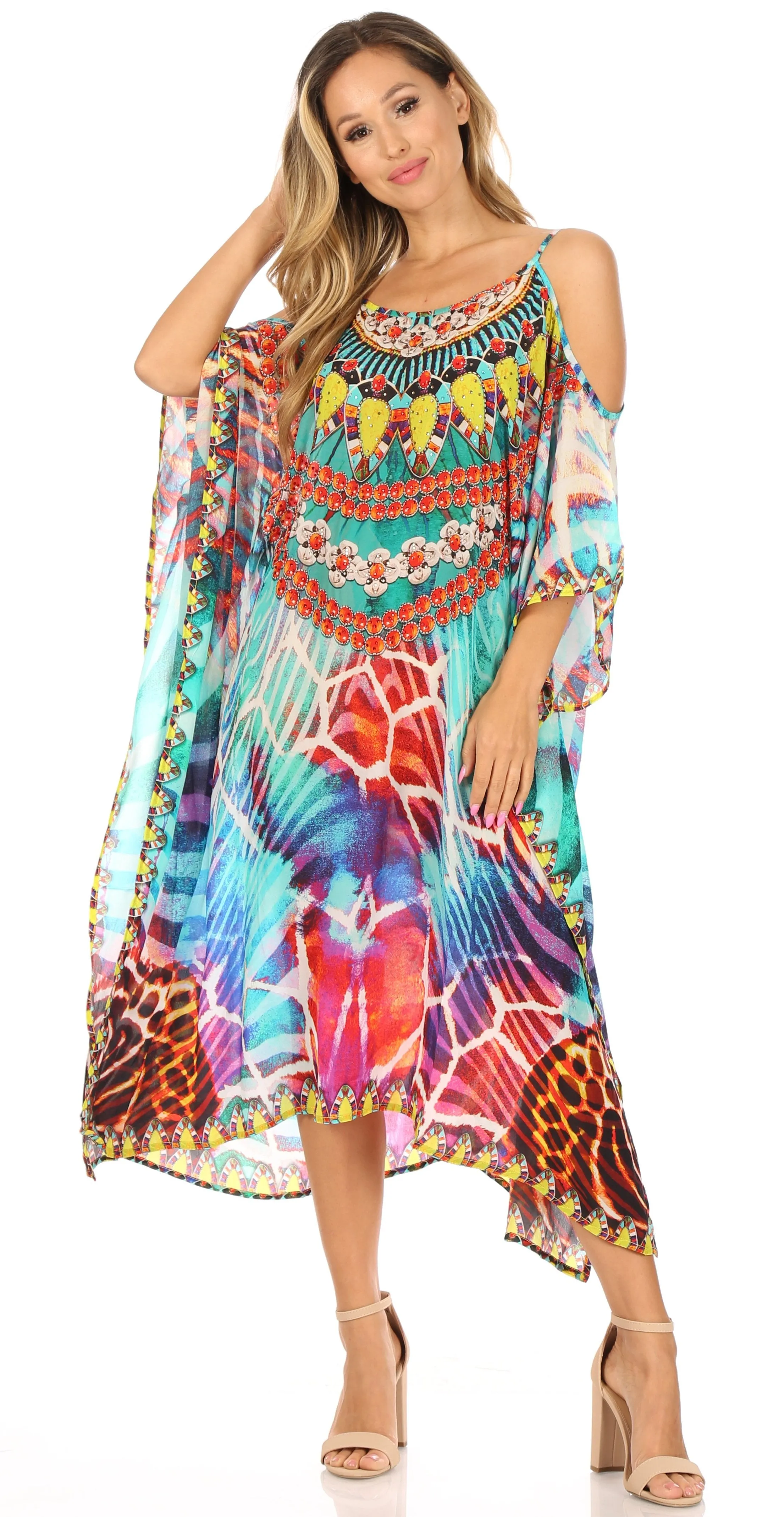 Sakkas Amaya Loose Fit Long Printed Strappy Cutout Shoulder Boat Neck Kaftan Dress