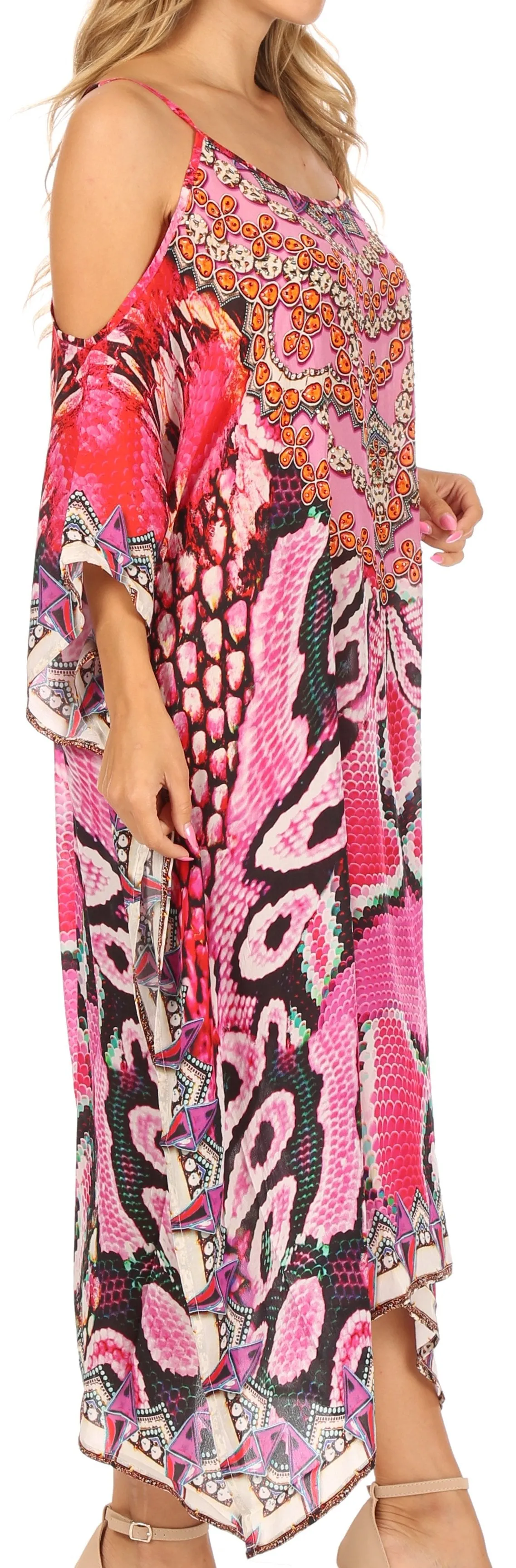 Sakkas Amaya Loose Fit Long Printed Strappy Cutout Shoulder Boat Neck Kaftan Dress