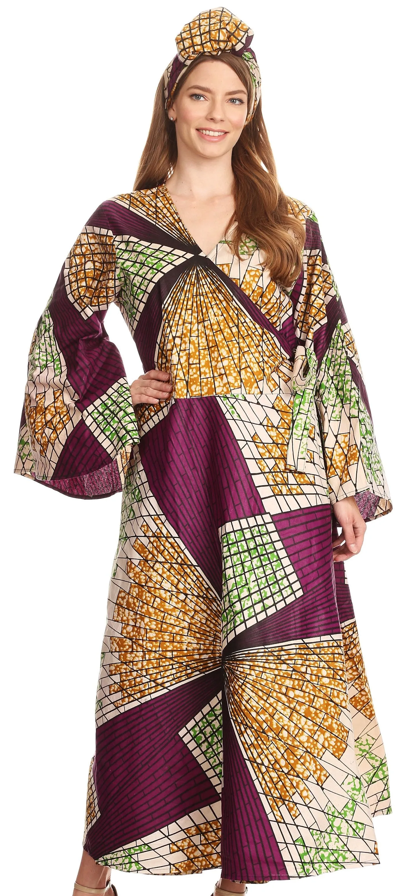 Sakkas Amina Long Wrap Around Bell Sleeve Full Circle Dress Ankara Wax African