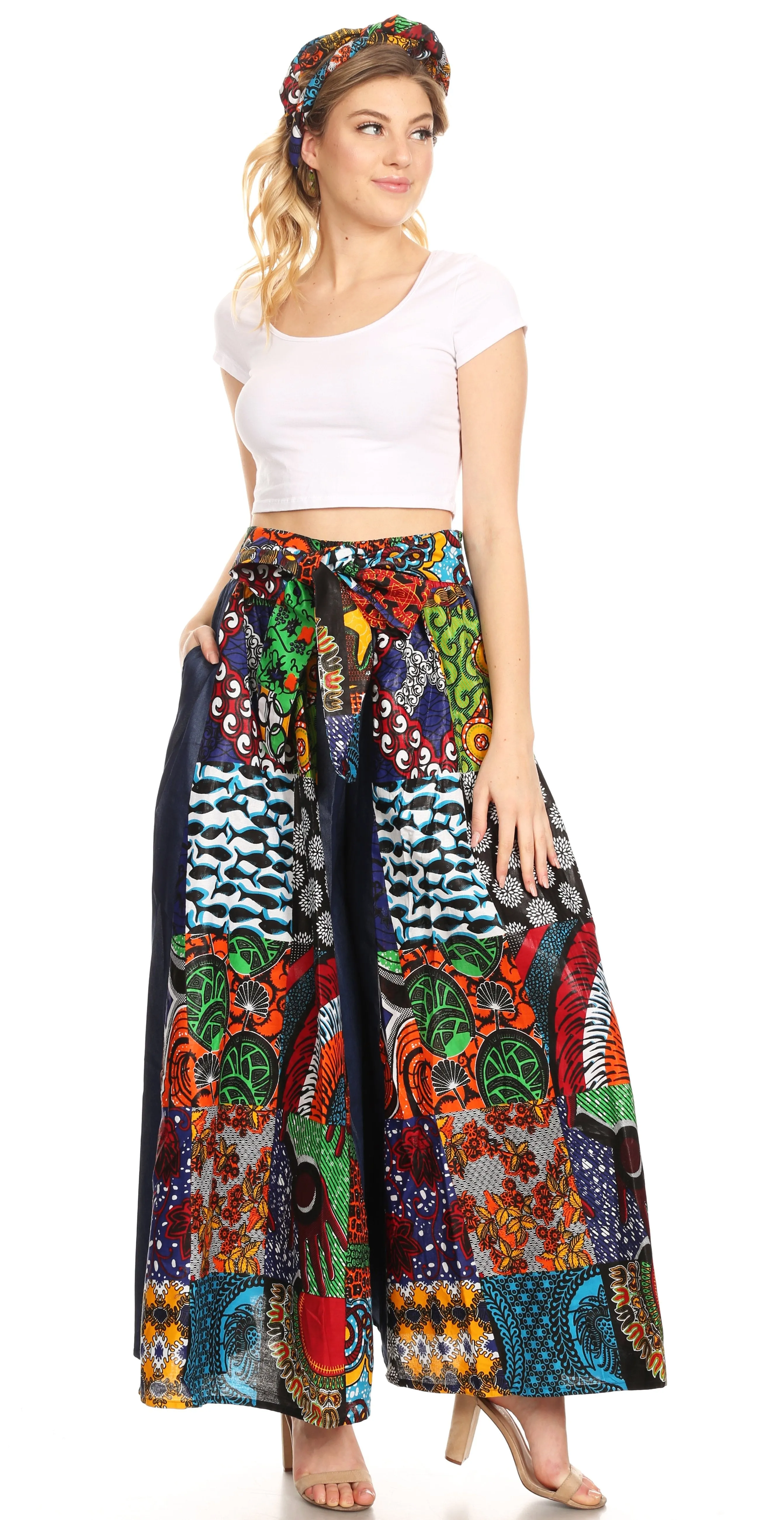 Sakkas Anisa African Wax Print Ankara Dutch Wide Leg Pants with Elastic Waist