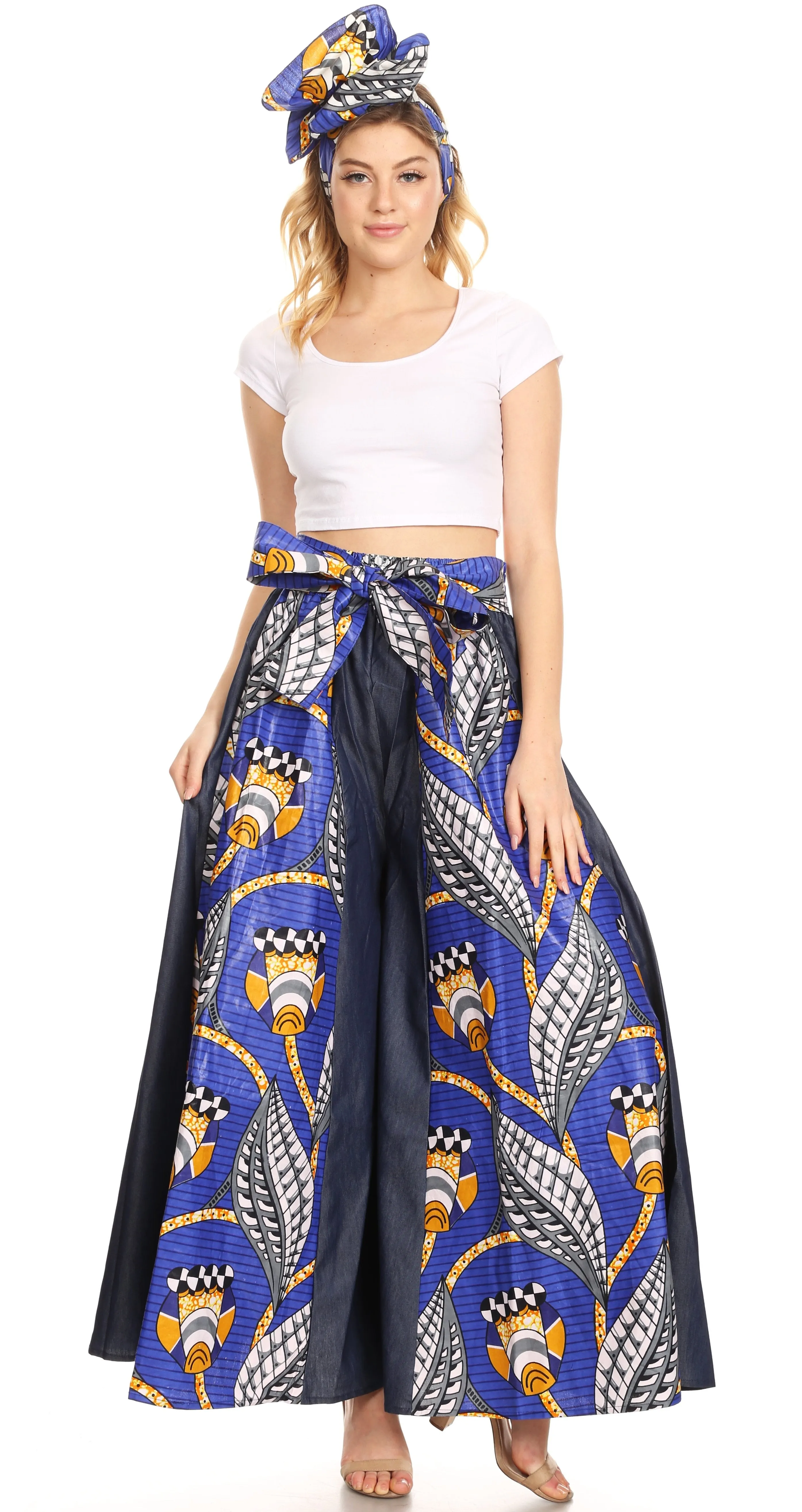 Sakkas Anisa African Wax Print Ankara Dutch Wide Leg Pants with Elastic Waist