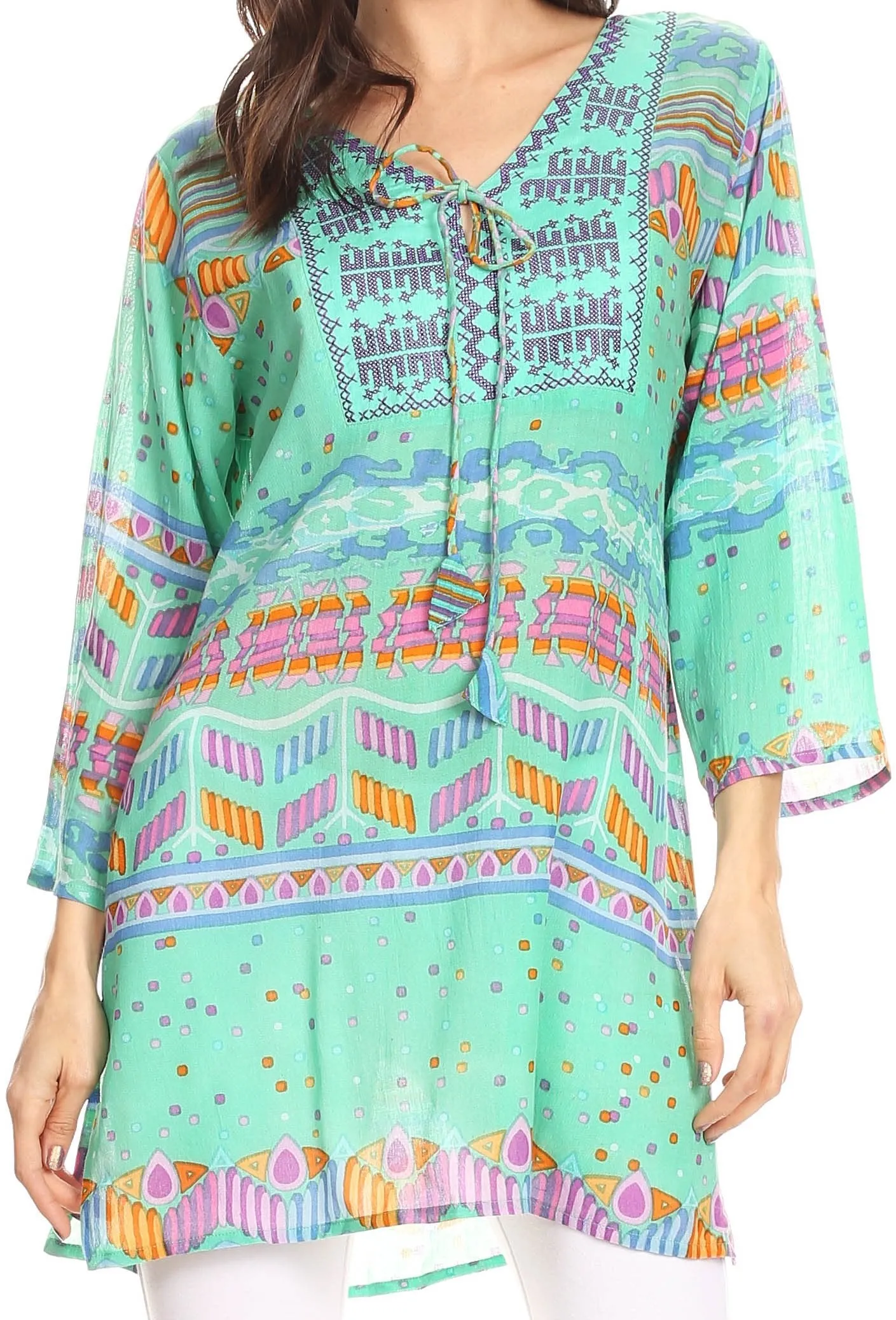 Sakkas Carina Tie Front 3/4 Sleeve Tunic with Cross Stitch Embroidery