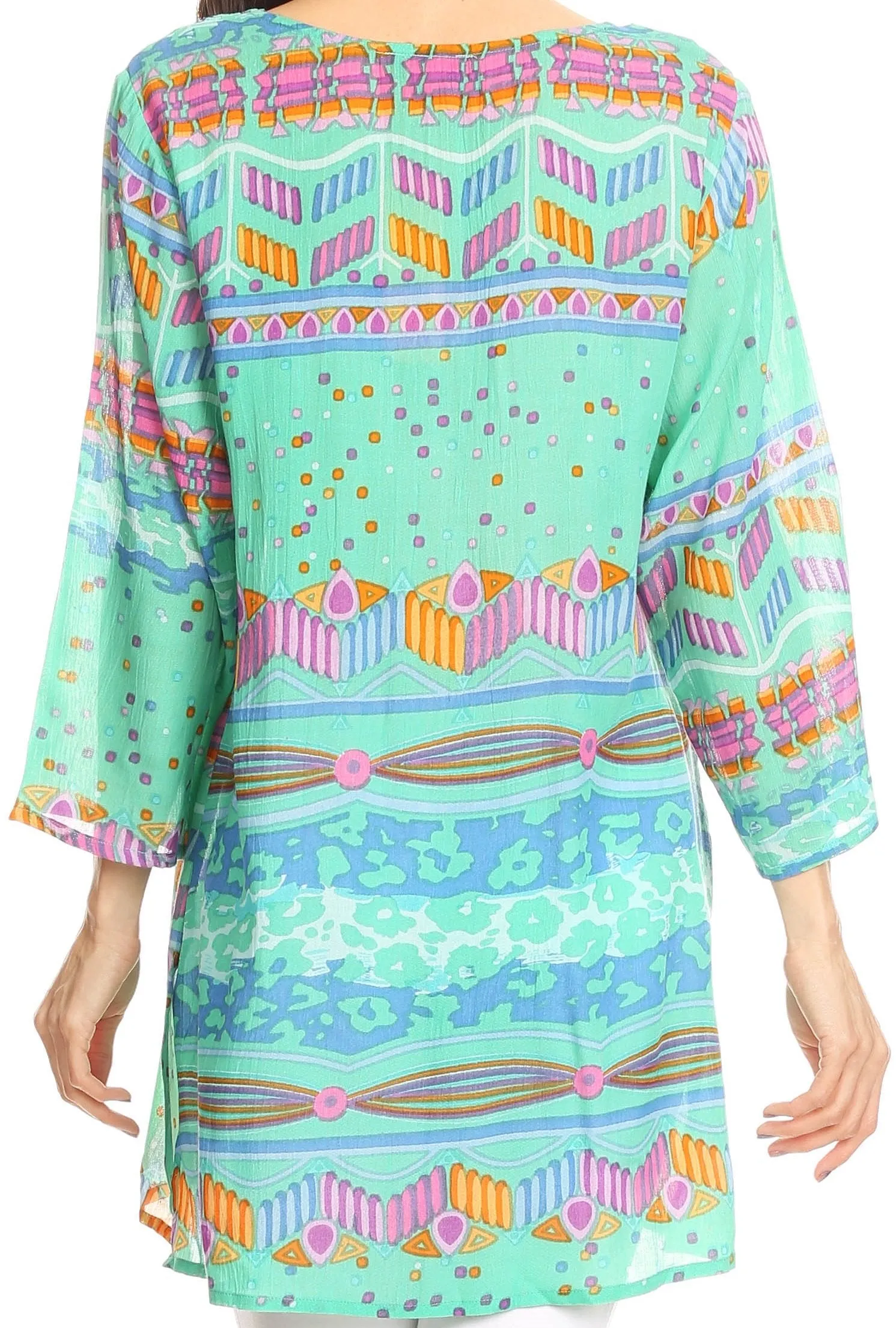 Sakkas Carina Tie Front 3/4 Sleeve Tunic with Cross Stitch Embroidery