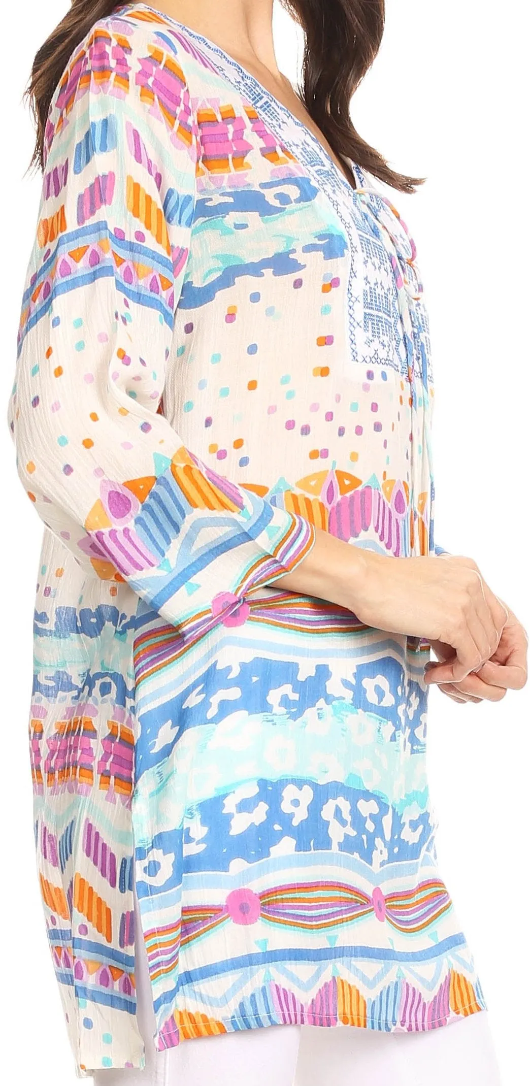 Sakkas Carina Tie Front 3/4 Sleeve Tunic with Cross Stitch Embroidery