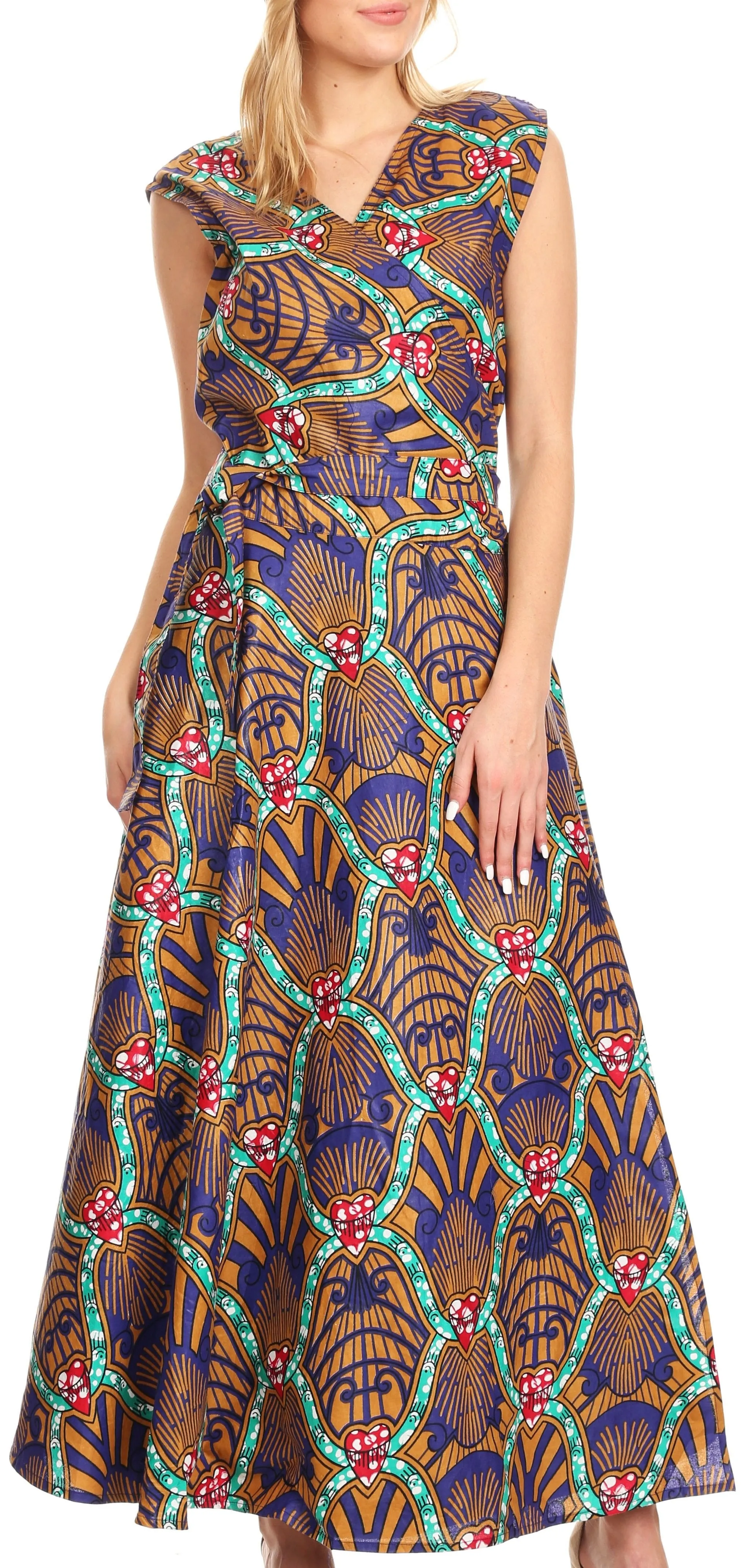 Sakkas Daliah Colorful Wax African Ankara Dutch Sleeveless Long Wrap Around Dress