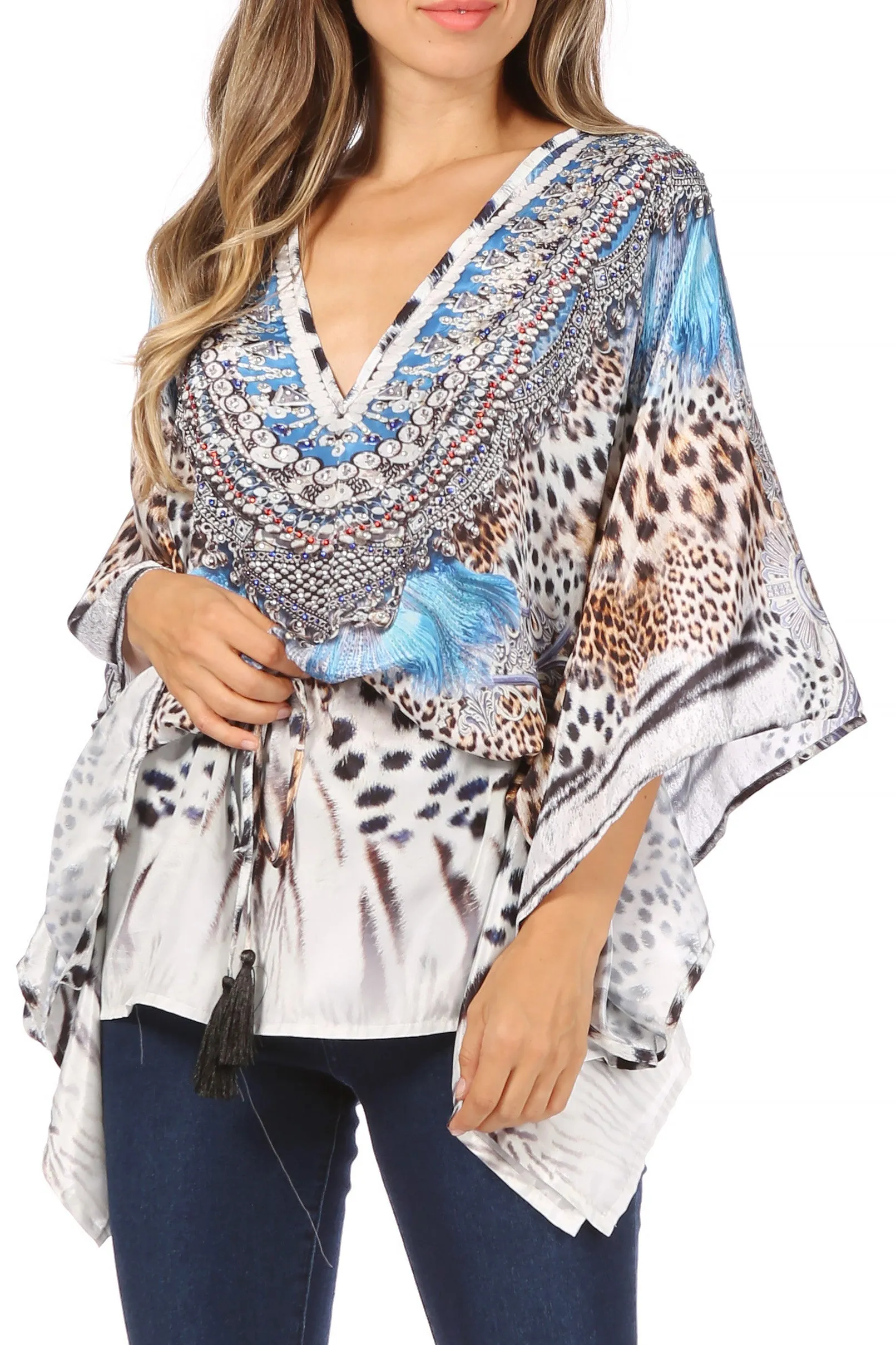 Sakkas Danis Women's Oversized Casual Pullover V-neck Short Sleeve Boho Top Blouse