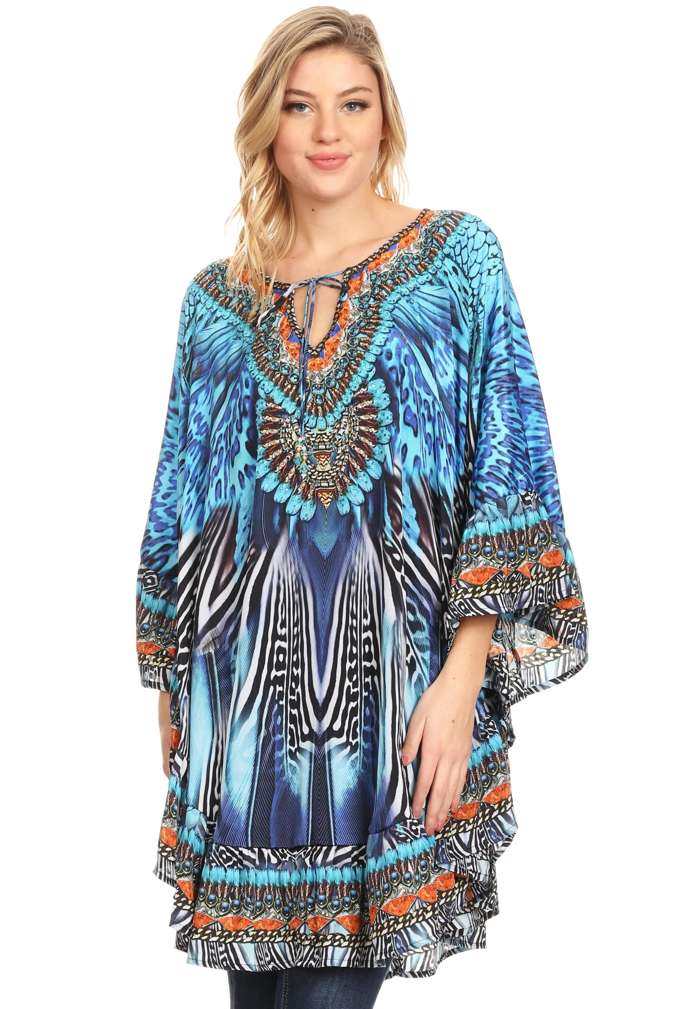 Sakkas Delu Women's Loose V Neck Blouses Top Tunic with Ruffles And Rhinestone