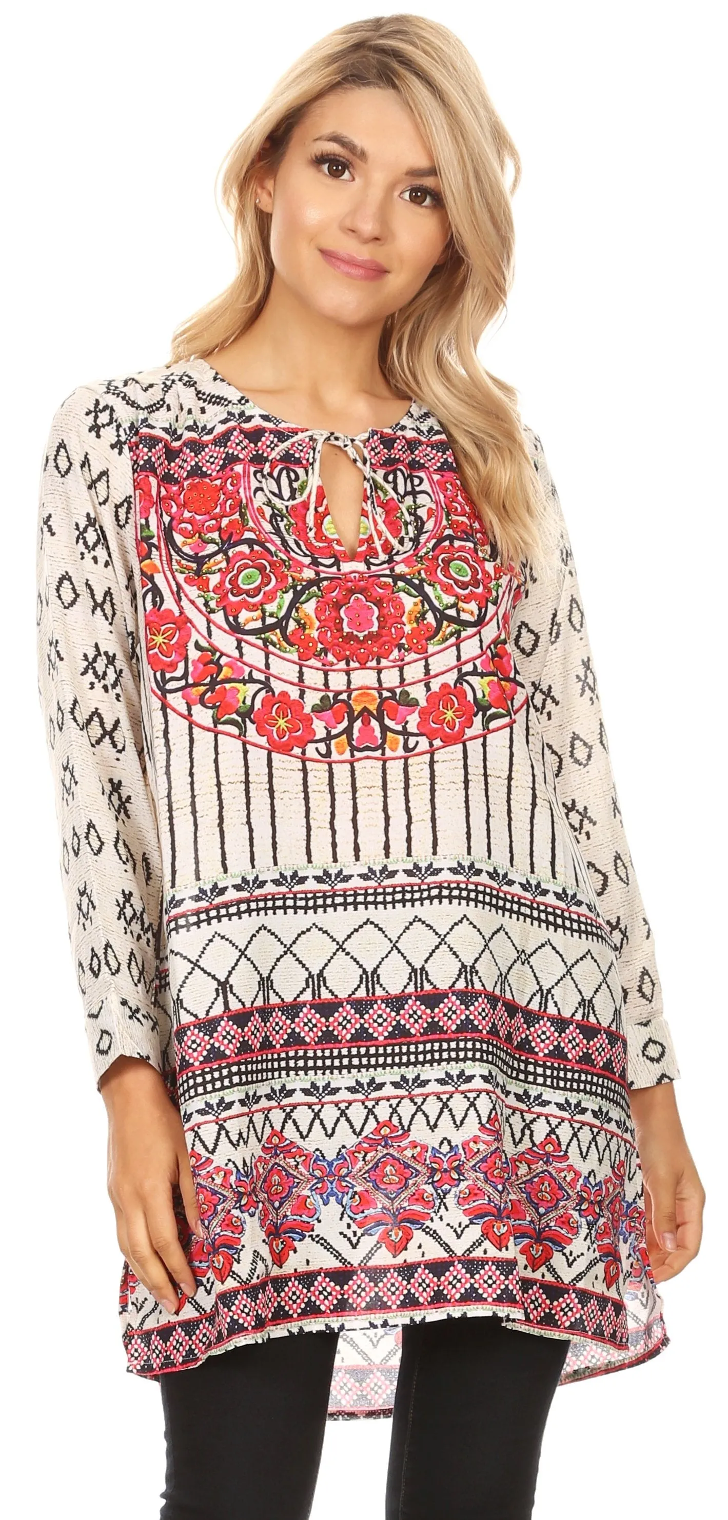 Sakkas Ida Womens Peasant Boho Tunic Blouse Top with Long Sleeves & Embellishing