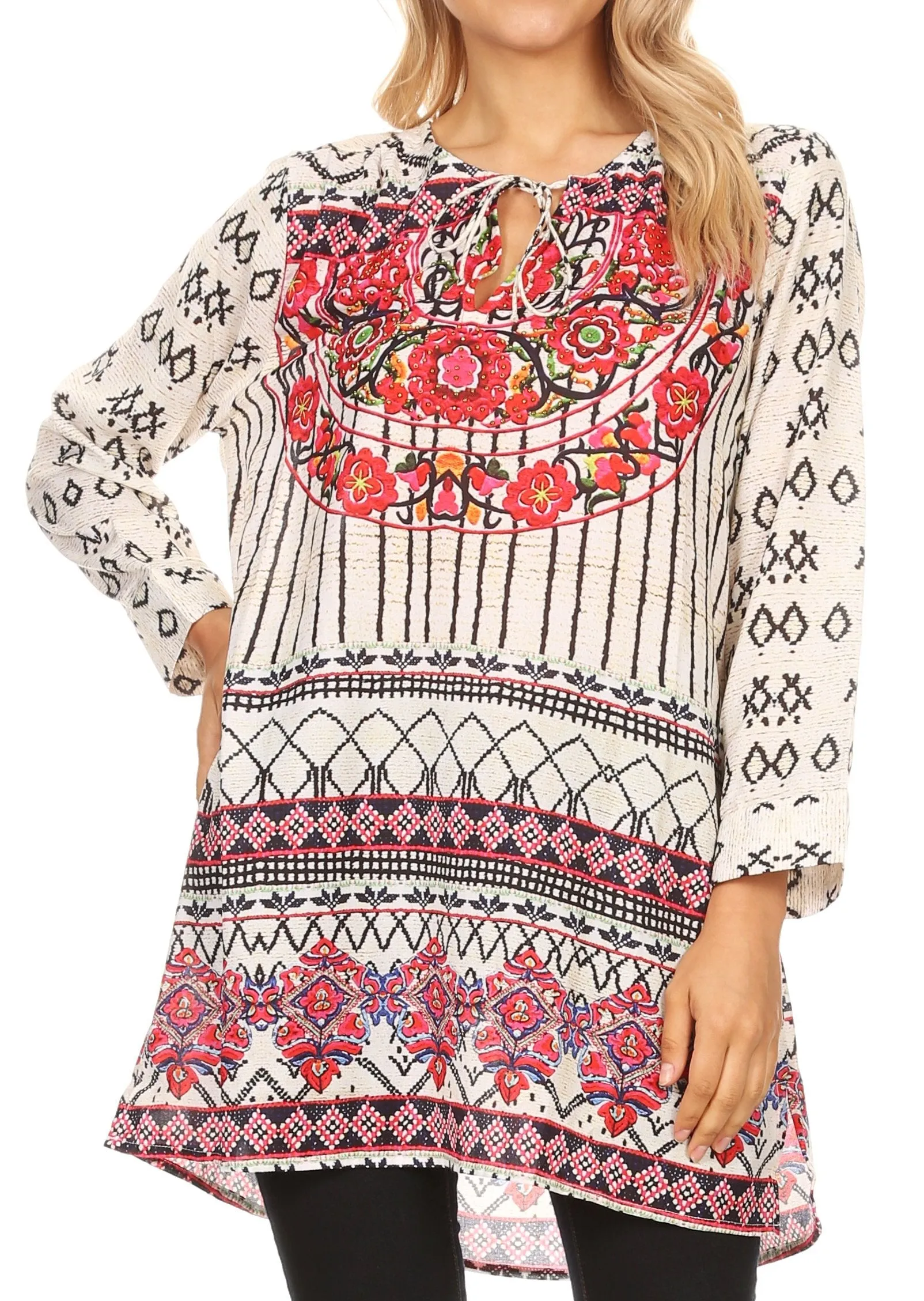 Sakkas Ida Womens Peasant Boho Tunic Blouse Top with Long Sleeves & Embellishing