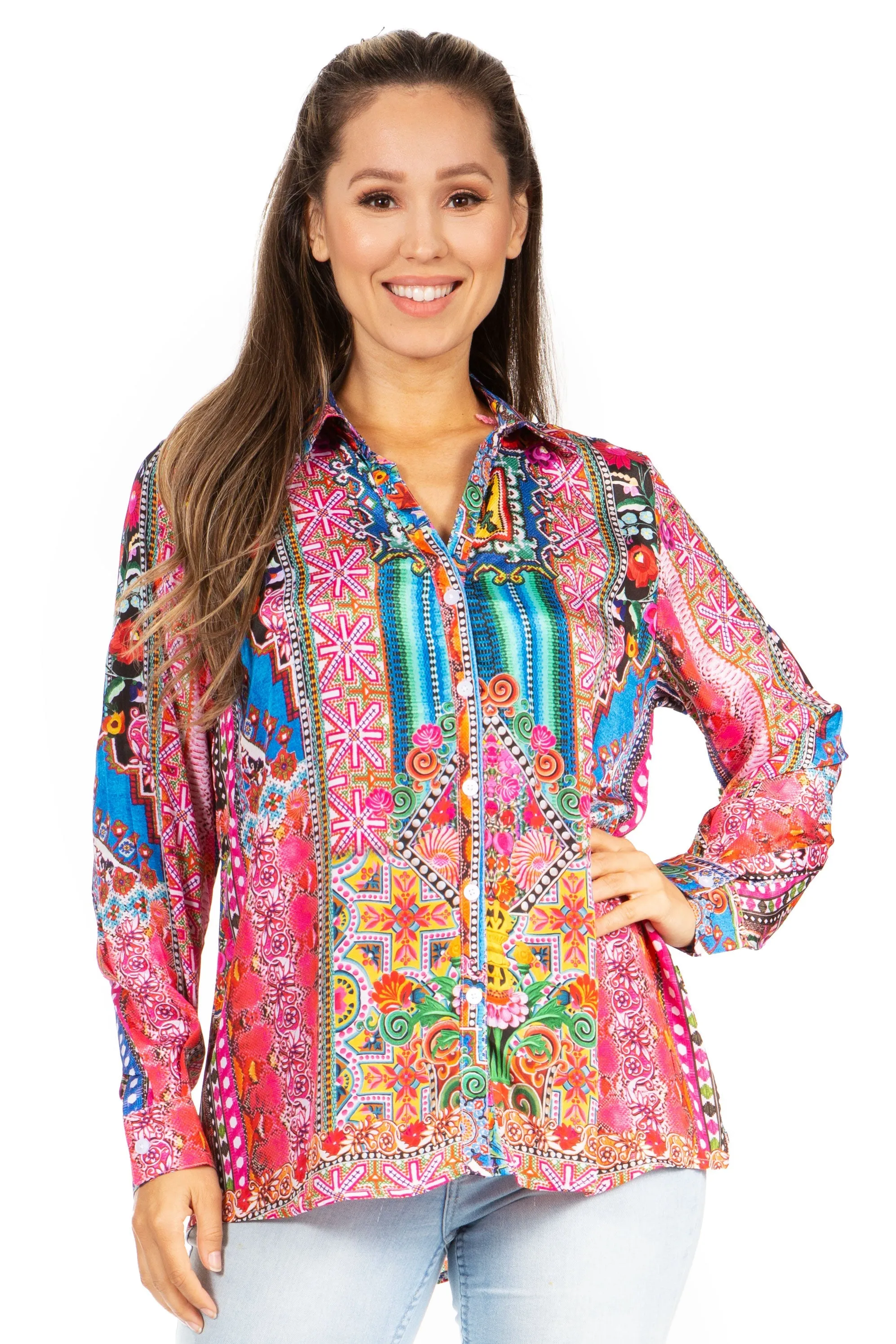 Sakkas Iriss Women's Floral Casual Long Sleeve Boho Summer Blouse