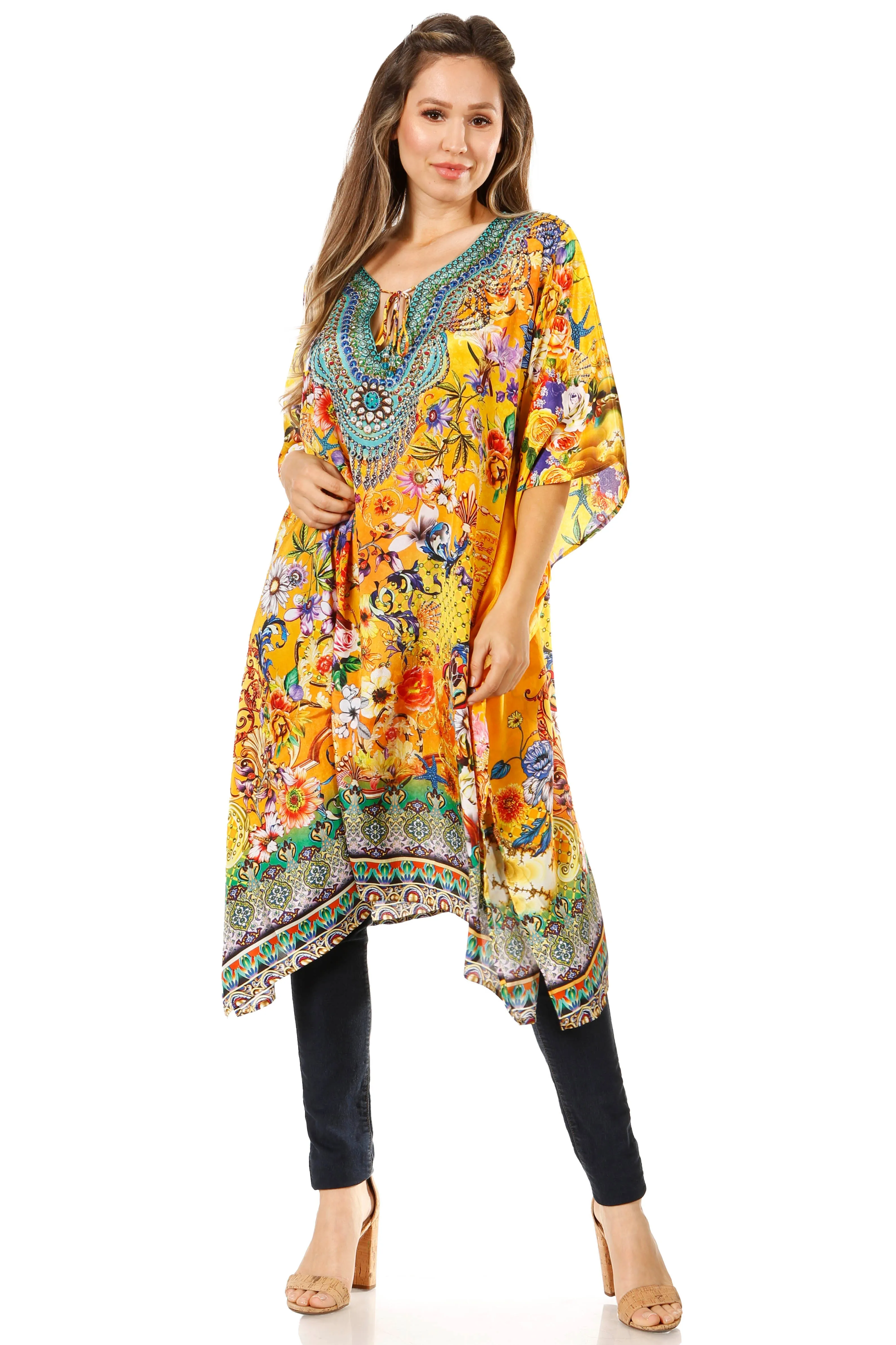 Sakkas Jenni Women's Mid Length Boho Caftan Kaftan Dress Cover up Flowy Rhinestone