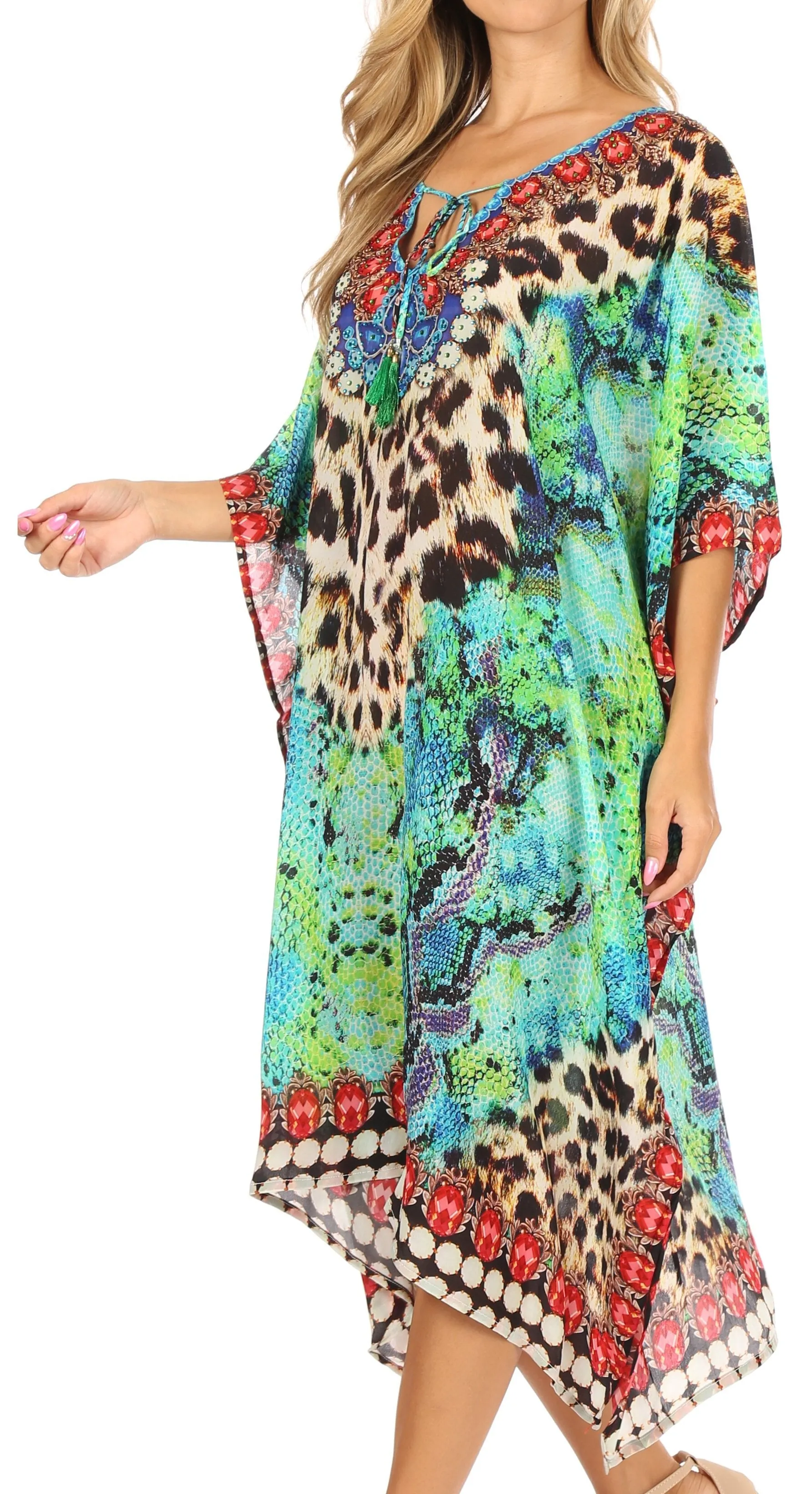 Sakkas Jenni Women's Mid Length Boho Caftan Kaftan Dress Cover up Flowy Rhinestone